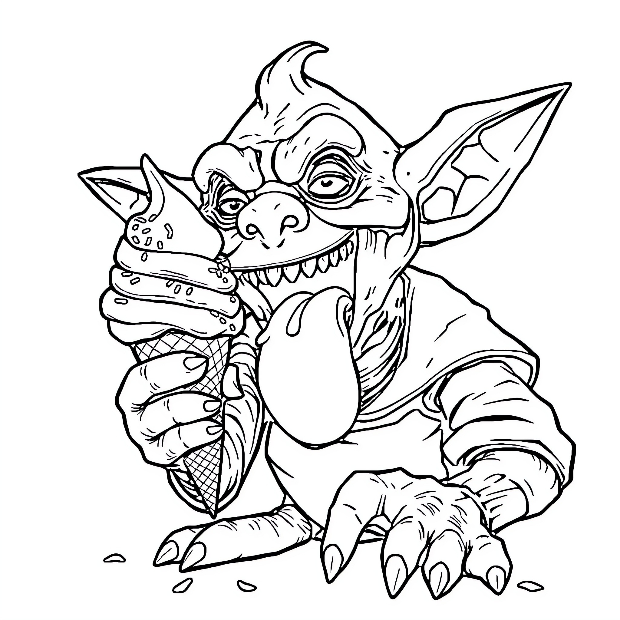 Goblin savoring a delectable ice cream treat Coloring Page (free black-and-white line drawing printable PDF for all, from beginners to advanced learners, including children, teens, adults, and seniors)