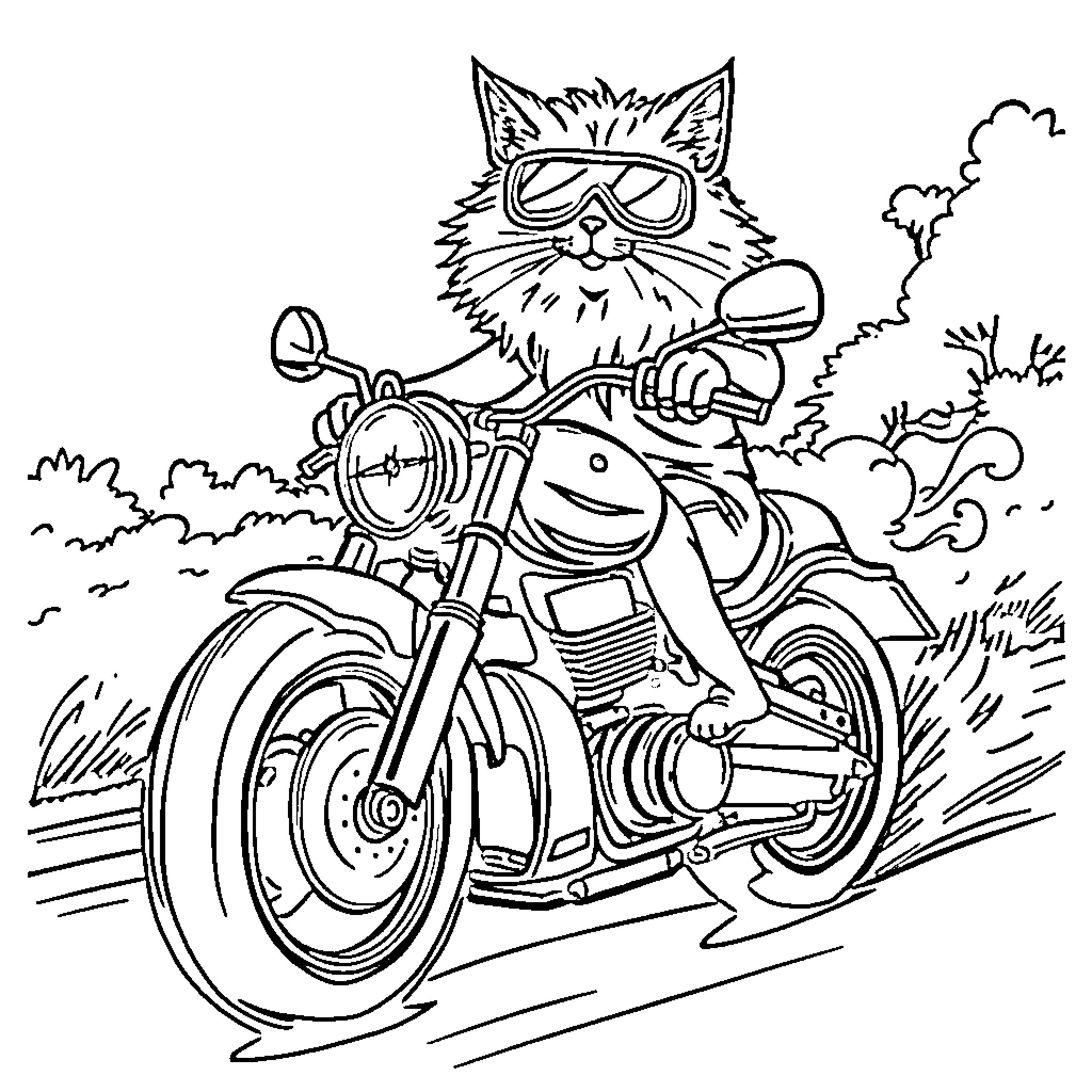 Cat riding motorcycle through countryside Coloring Page (free black-and-white line drawing printable PDF for all, from beginners to advanced learners, including children, teens, adults, and seniors)