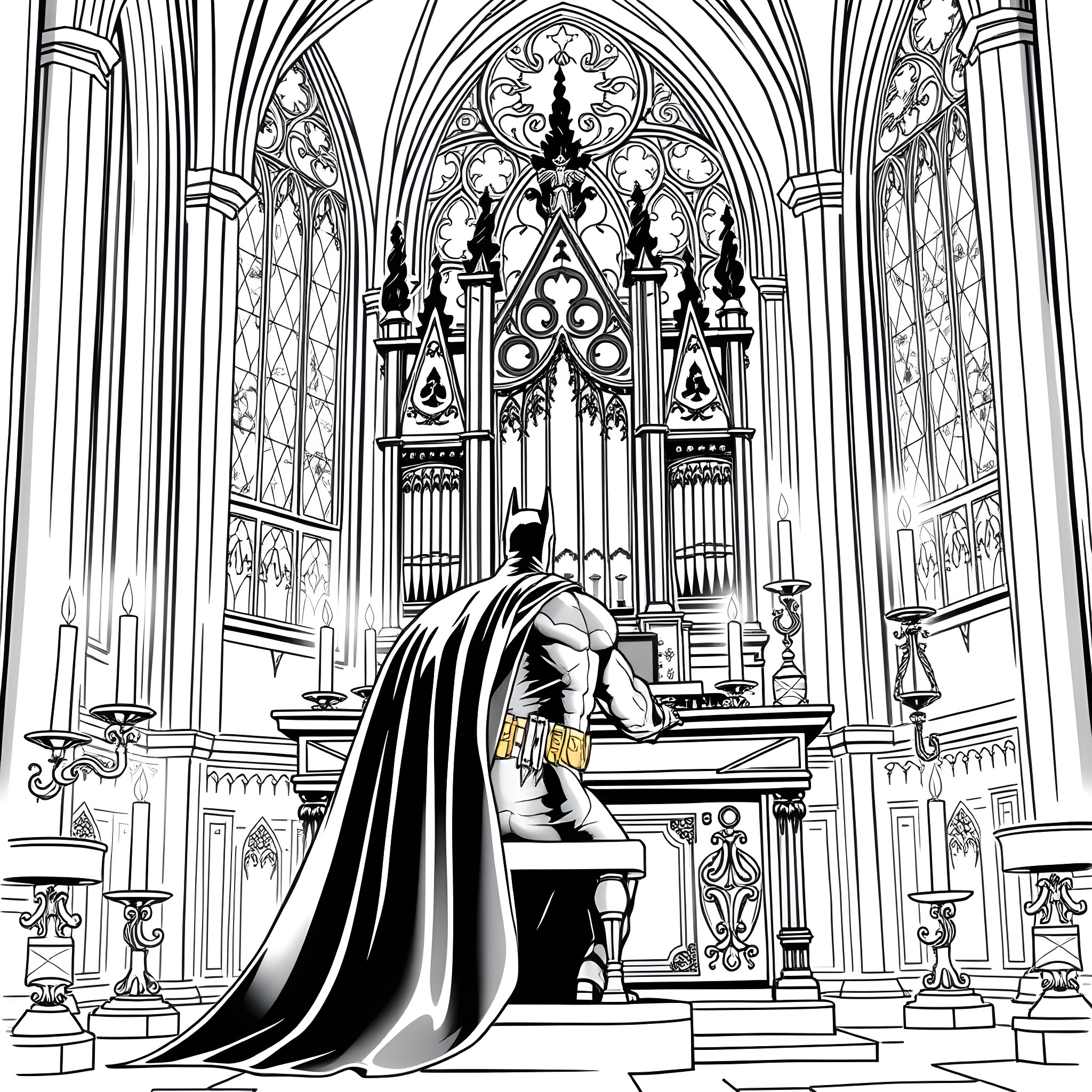 Batman in a Gothic Cathedral Coloring Page (free black-and-white line drawing printable PDF for all, from beginners to advanced learners, including children, teens, adults, and seniors)