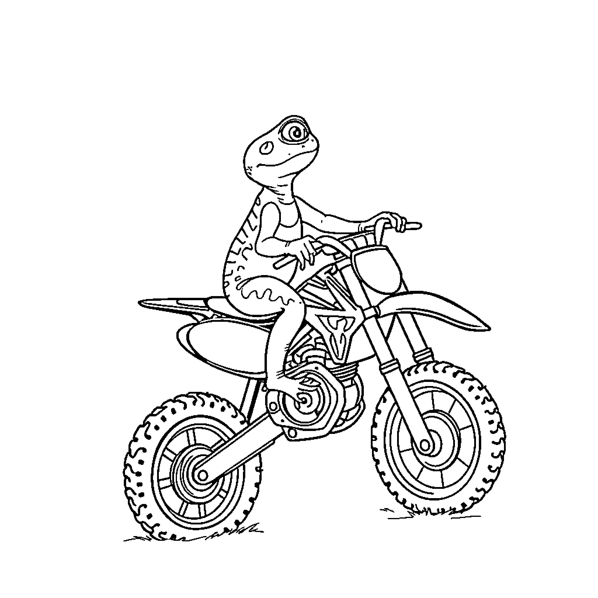 Lizard riding a dirtbike with enthusiasm Coloring Page (free black-and-white line drawing printable PDF for all, from beginners to advanced learners, including children, teens, adults, and seniors)