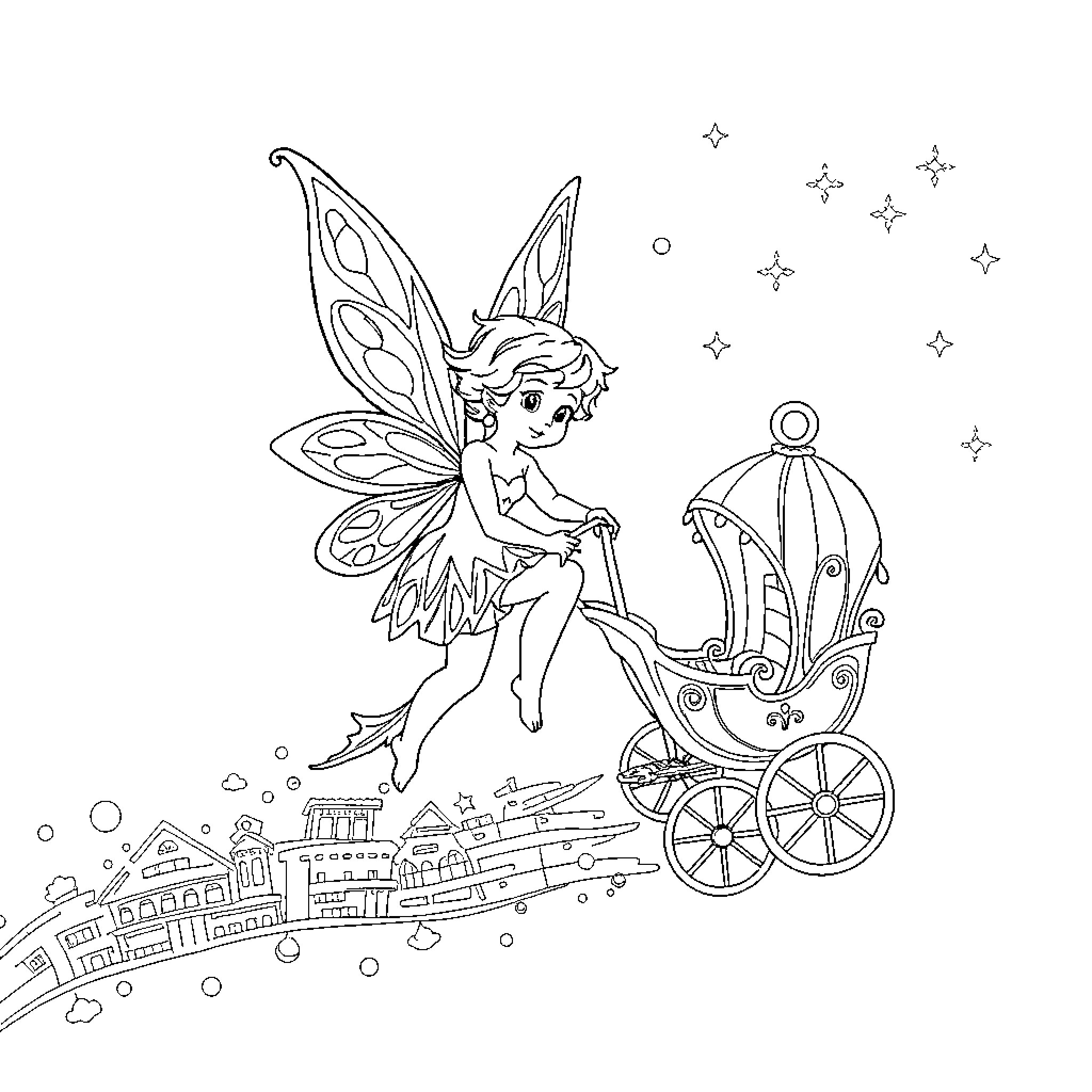 Fairy riding a magical carriage through a starry night Coloring Page (free black-and-white line drawing printable PDF for all, from beginners to advanced learners, including children, teens, adults, and seniors)