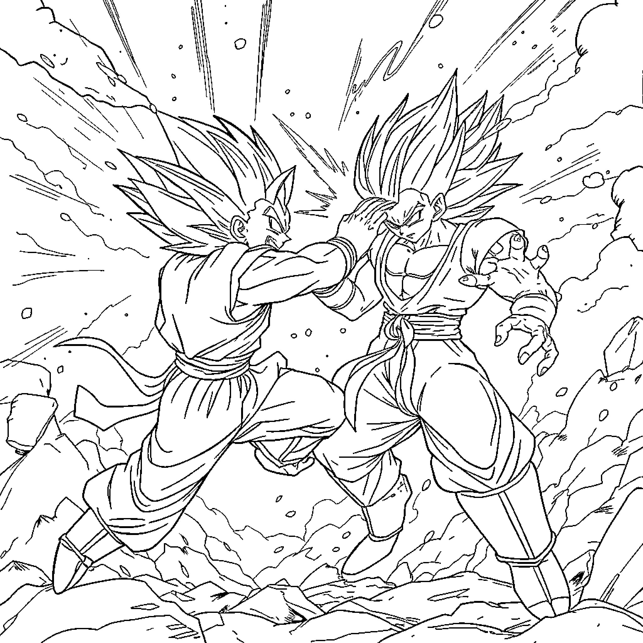Goku's intense battle with a fierce opponent Coloring Page (free black-and-white line drawing printable PDF for all, from beginners to advanced learners, including children, teens, adults, and seniors)