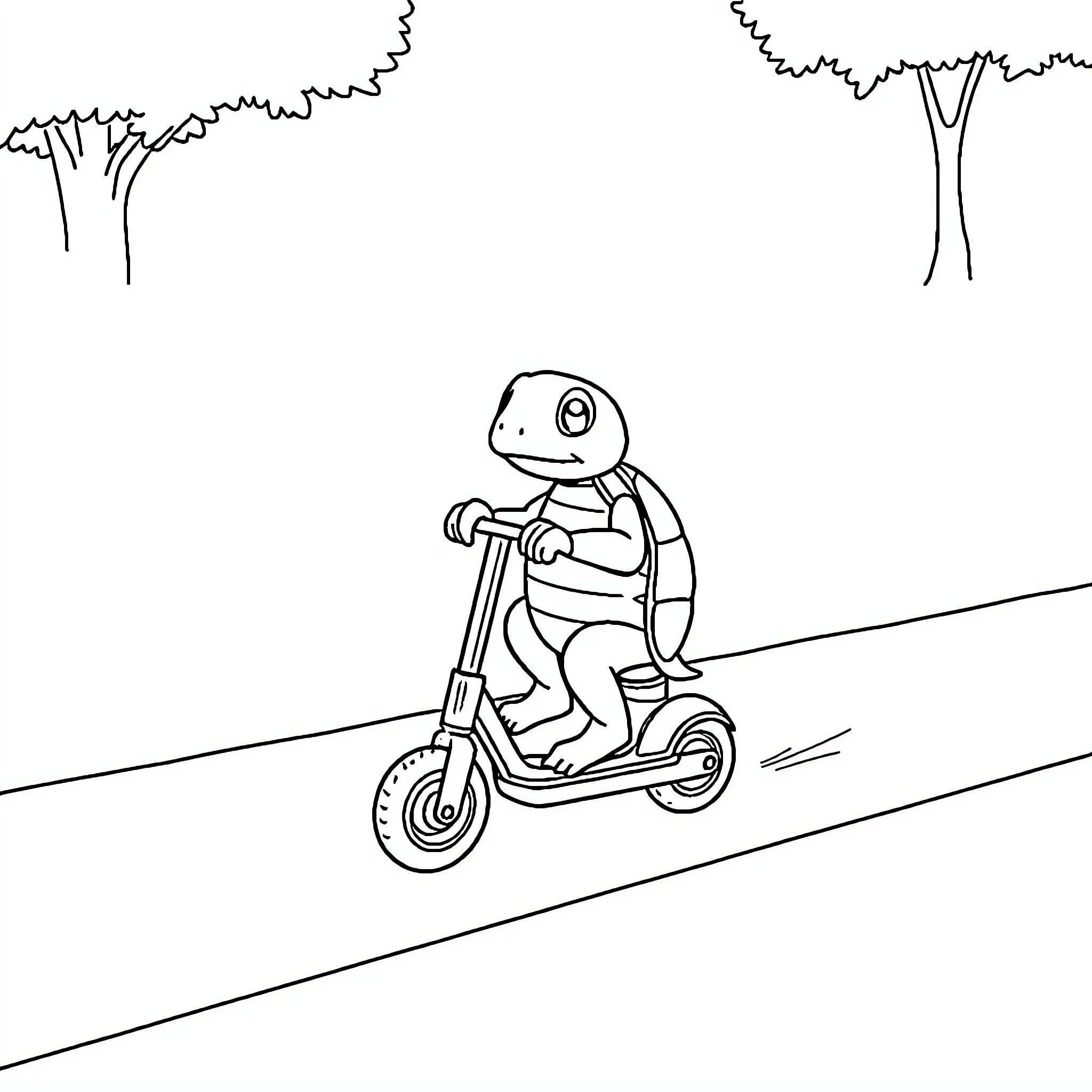 Turtle riding scooter in the park Coloring Page (free black-and-white line drawing printable PDF for all, from beginners to advanced learners, including children, teens, adults, and seniors)