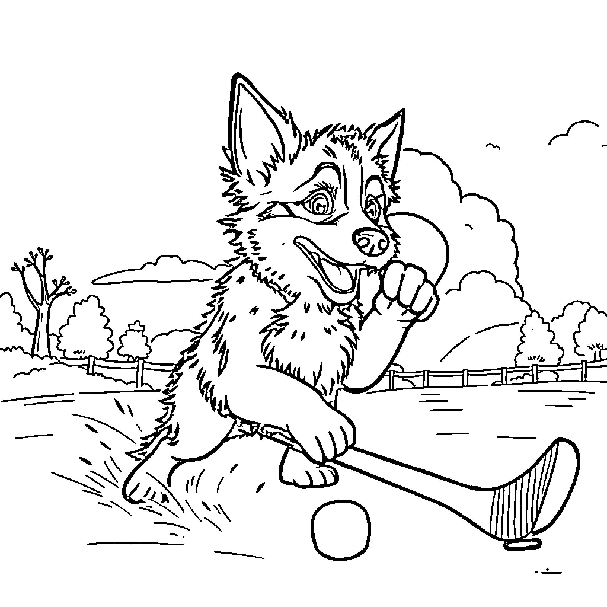 Bluey playing happily with tennis ball in the park Coloring Page (free black-and-white line drawing printable PDF for all, from beginners to advanced learners, including children, teens, adults, and seniors)