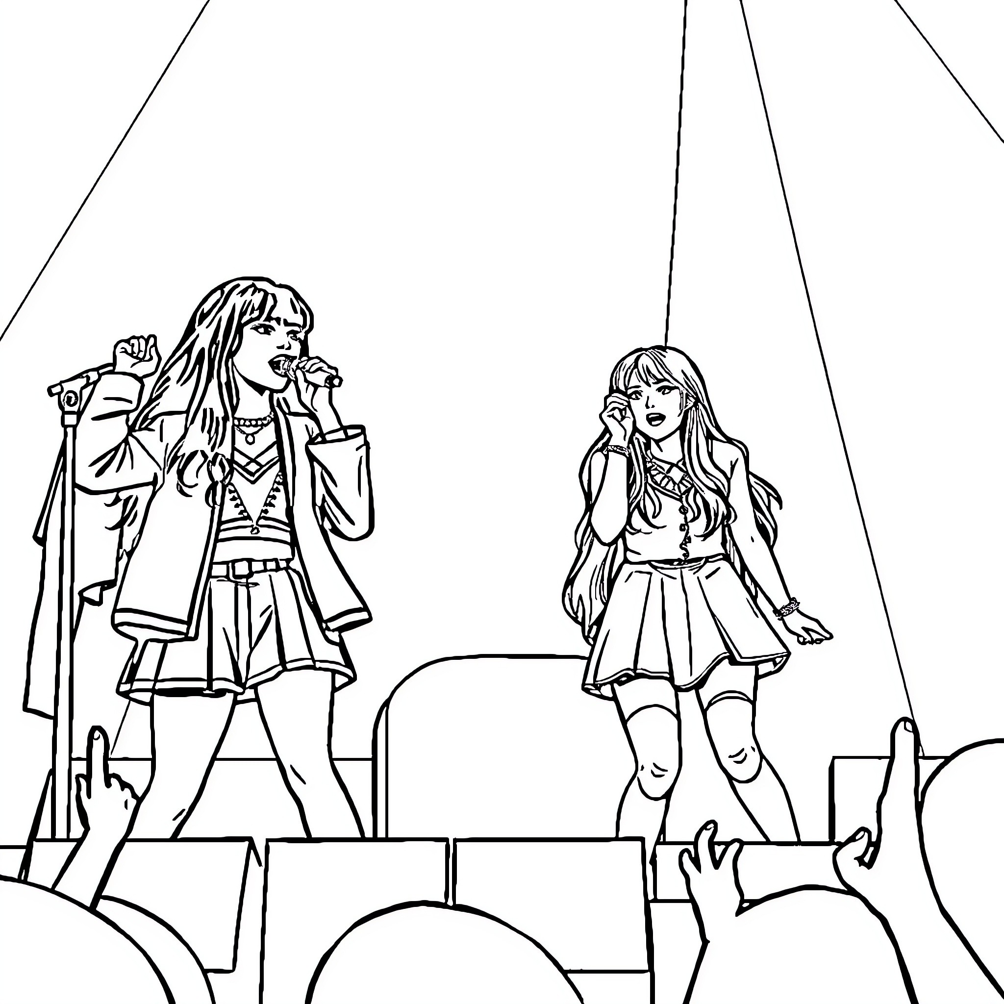 Black Pink Performing on Stage Coloring Page (free black-and-white line drawing printable PDF for all, from beginners to advanced learners, including children, teens, adults, and seniors)