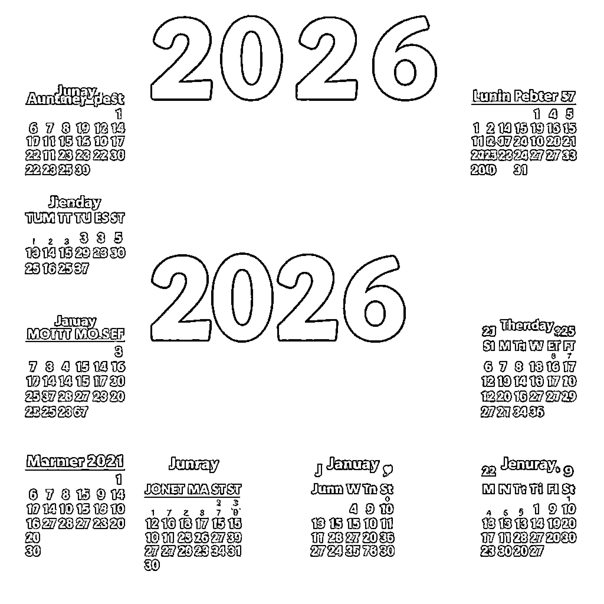 Calendar for the year 2026 Coloring Page (free black-and-white line drawing printable PDF for all, from beginners to advanced learners, including children, teens, adults, and seniors)