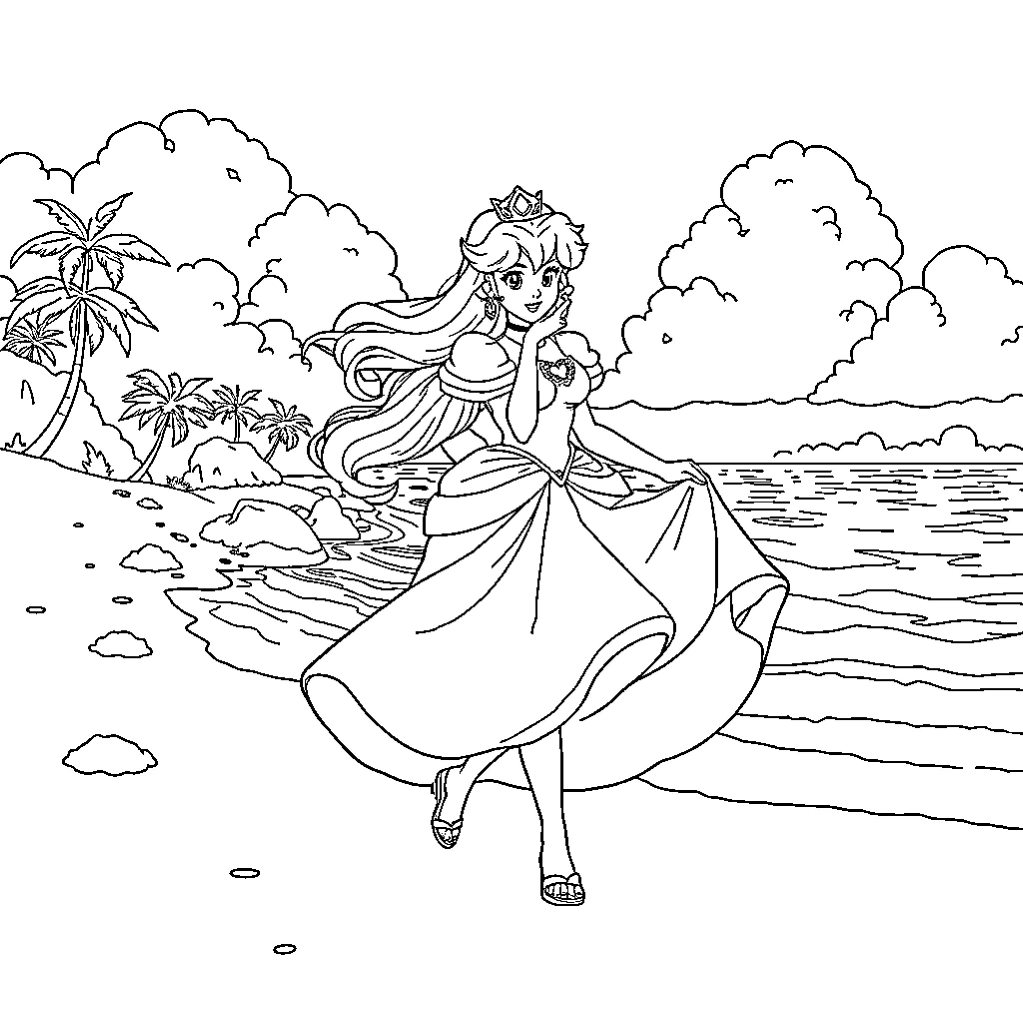 Princess frolicking on the beach in her elegant dress Coloring Page (free black-and-white line drawing printable PDF for all, from beginners to advanced learners, including children, teens, adults, and seniors)