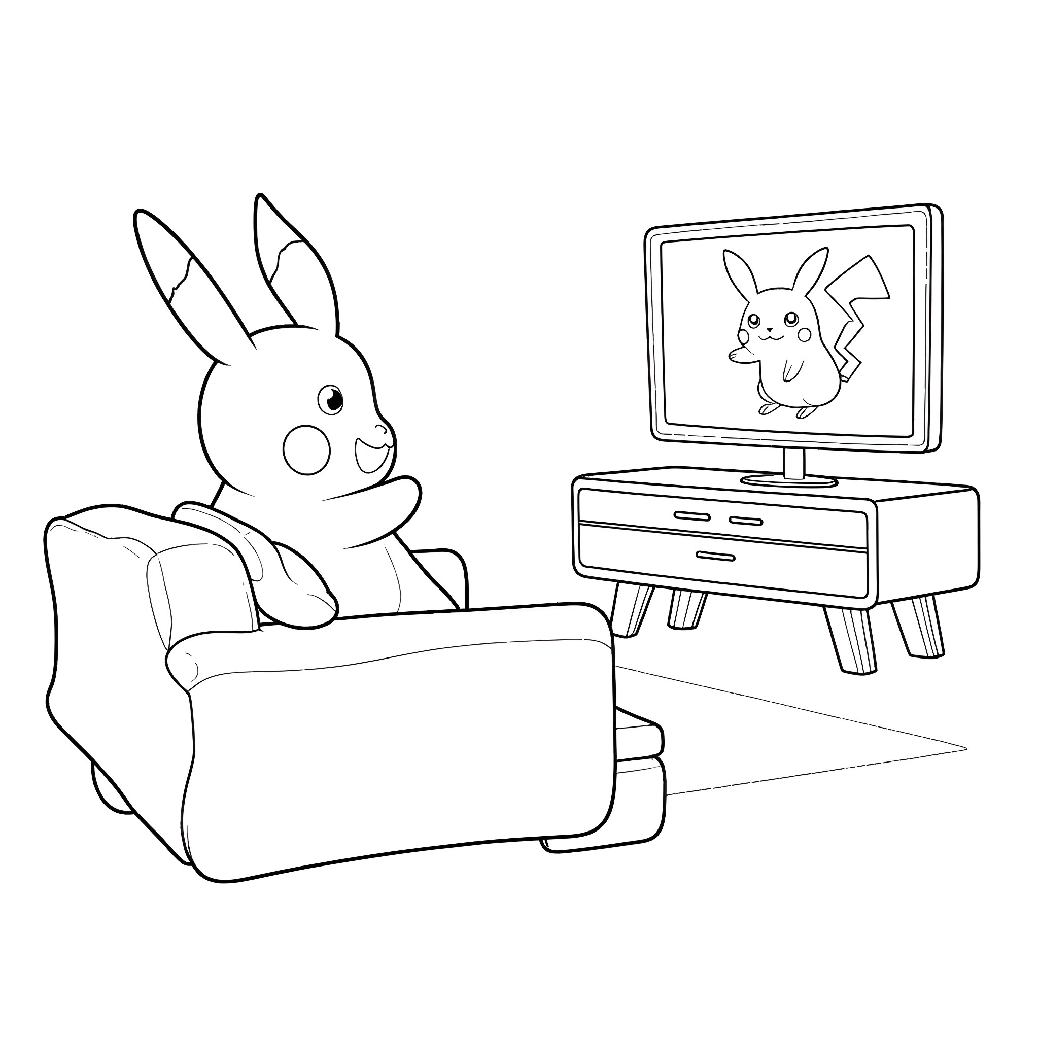 Pikachu relaxing and watching TV Coloring Page (free black-and-white line drawing printable PDF for all, from beginners to advanced learners, including children, teens, adults, and seniors)