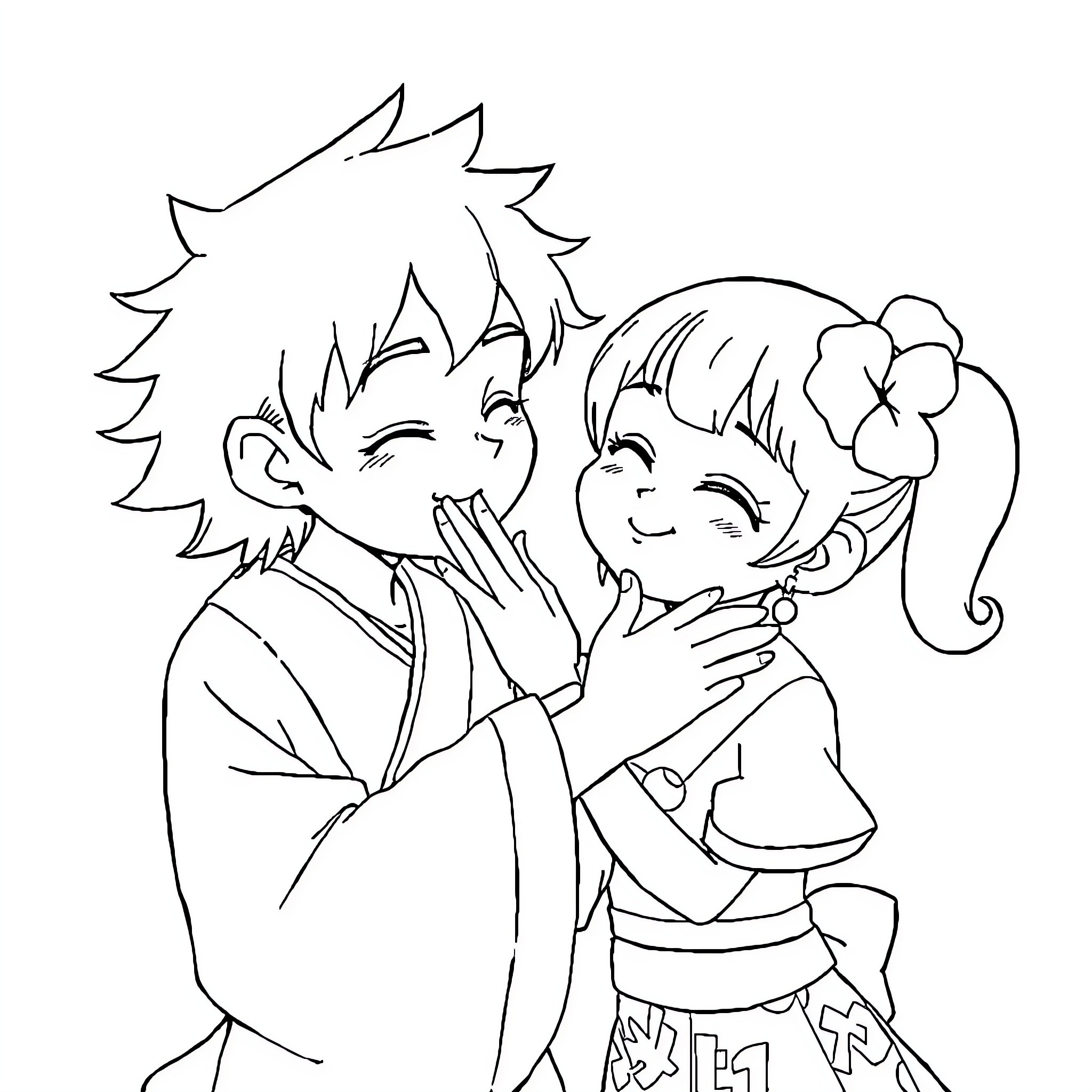Songoku's Tender Embrace with Companion Coloring Page (free black-and-white line drawing printable PDF for all, from beginners to advanced learners, including children, teens, adults, and seniors)