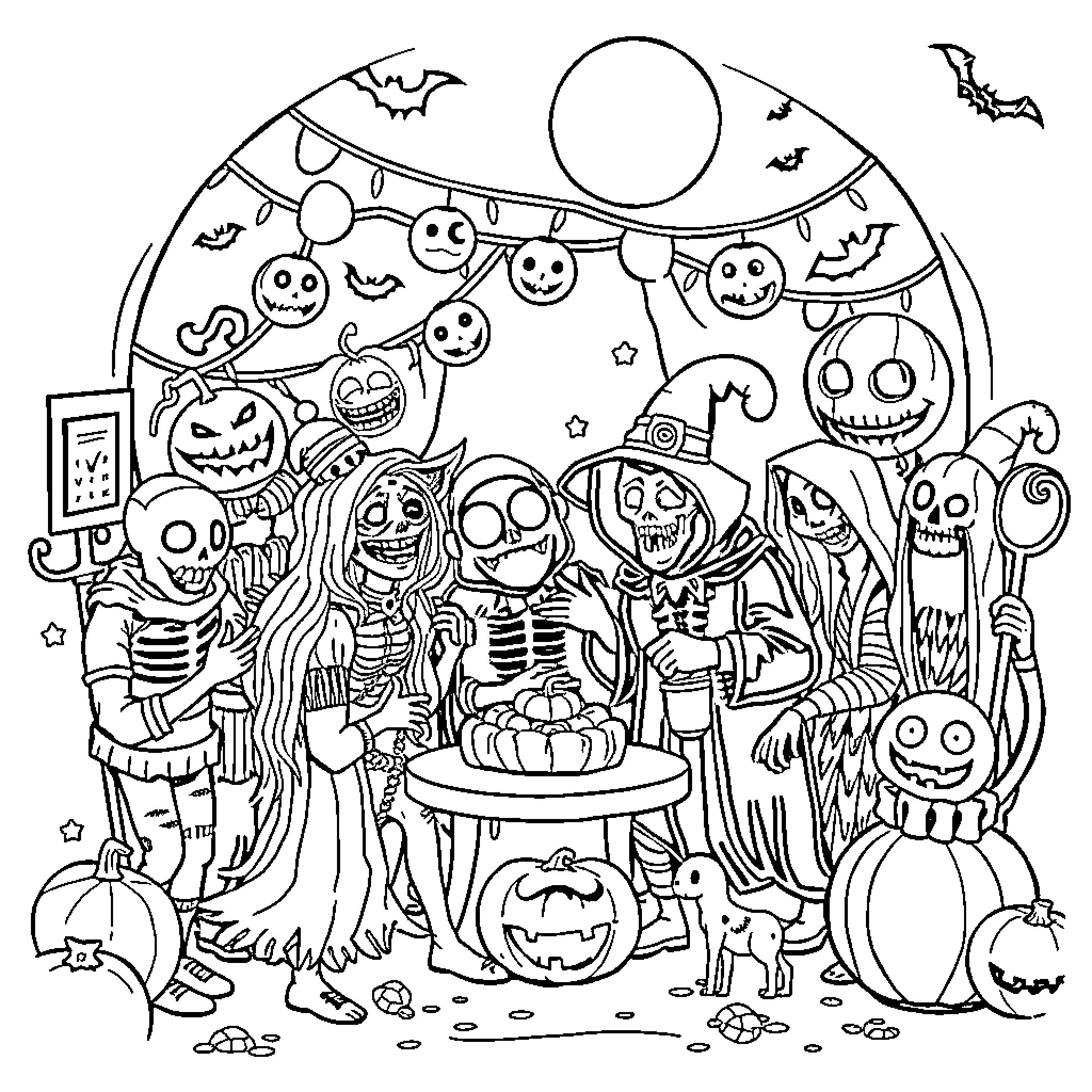 Monster Celebration of Halloween Spookiness Coloring Page (free black-and-white line drawing printable PDF for all, from beginners to advanced learners, including children, teens, adults, and seniors)