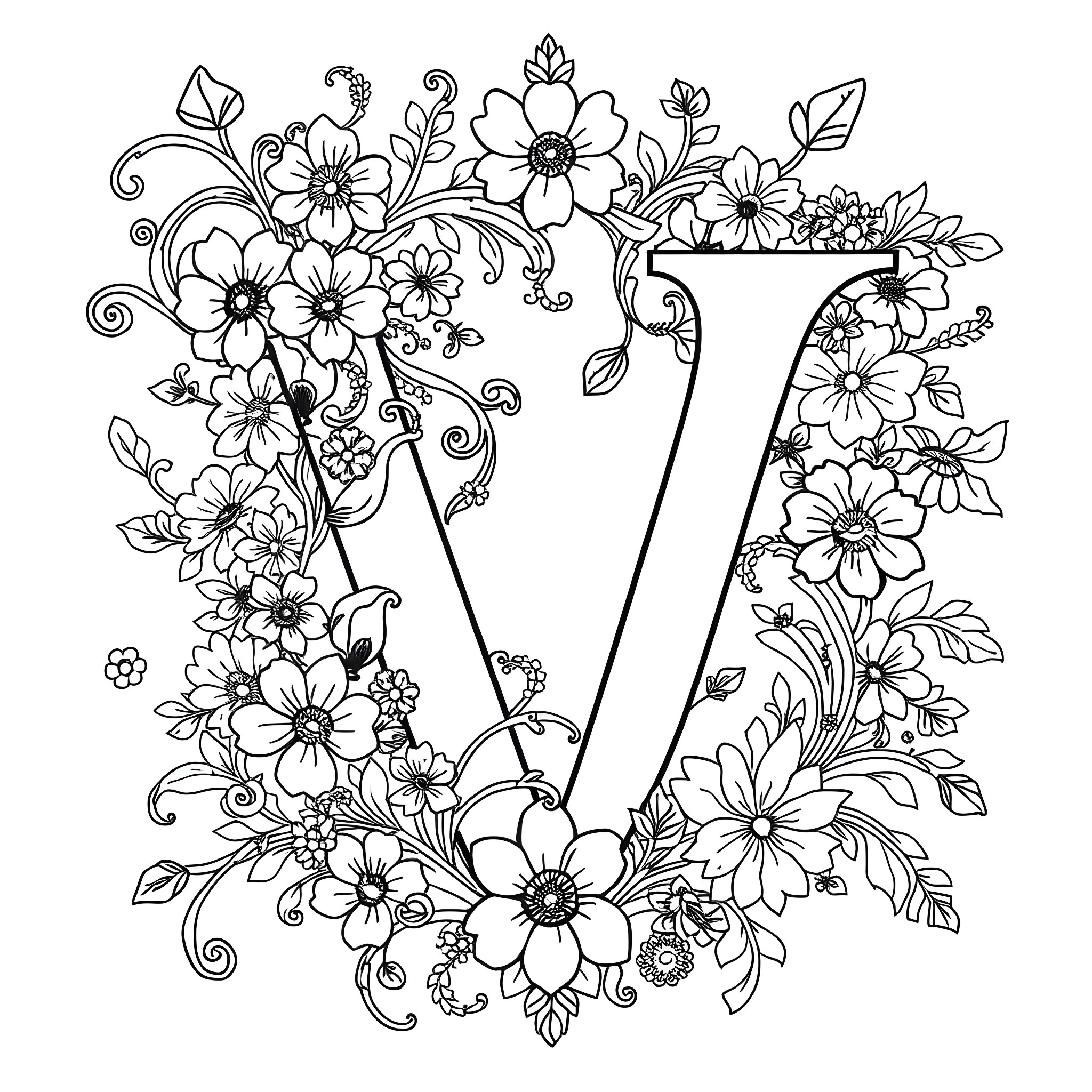 Vivid Floral Abundance Coloring Page (free black-and-white line drawing printable PDF for all, from beginners to advanced learners, including children, teens, adults, and seniors)