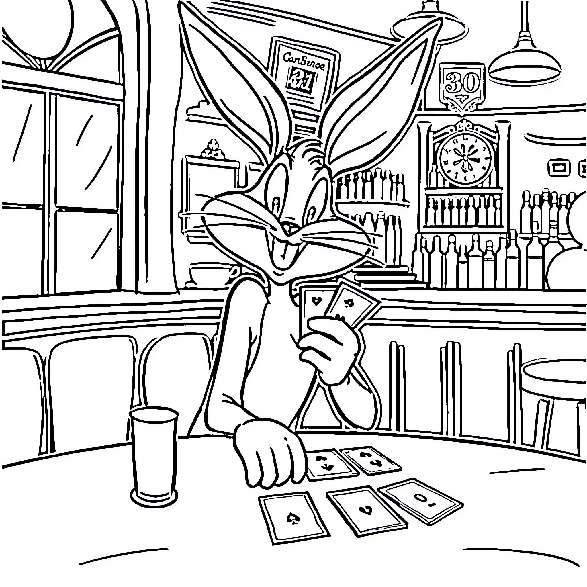 Bugs Bunny Playing Cards in the Diner Coloring Page (free black-and-white line drawing printable PDF for all, from beginners to advanced learners, including children, teens, adults, and seniors)