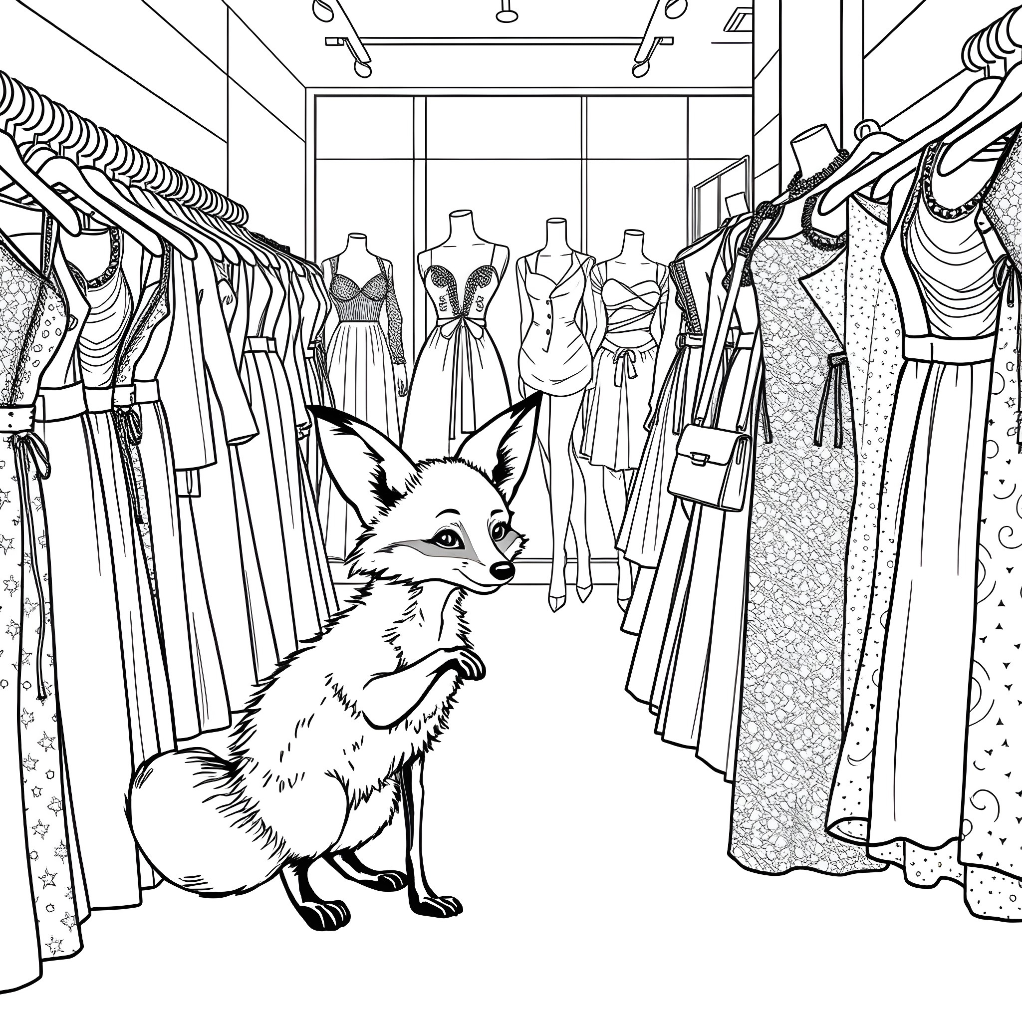 Fox exploring a fashion showroom Coloring Page (free black-and-white line drawing printable PDF for all, from beginners to advanced learners, including children, teens, adults, and seniors)
