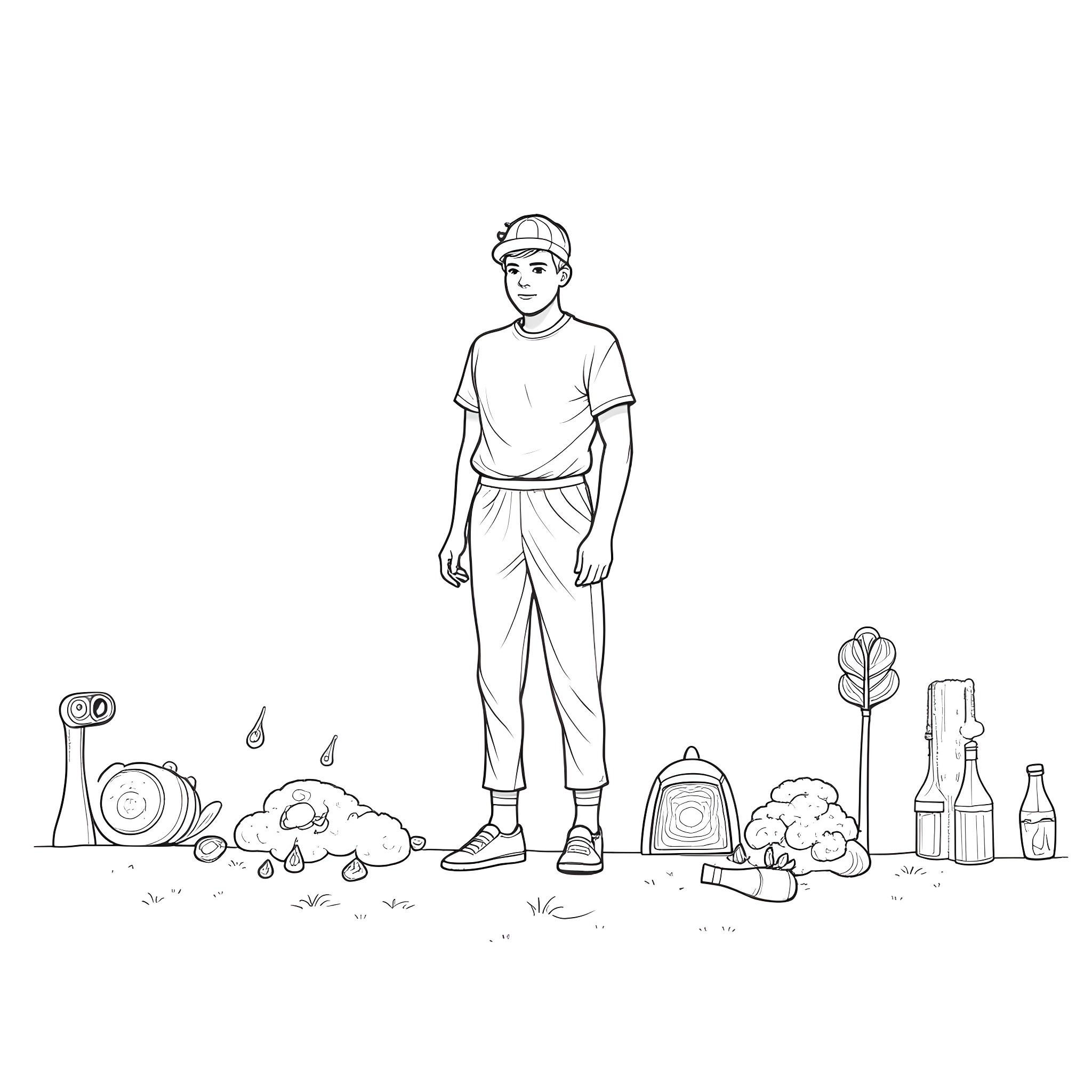 Human in casual attire exploring outdoor scene Coloring Page (free black-and-white line drawing printable PDF for all, from beginners to advanced learners, including children, teens, adults, and seniors)