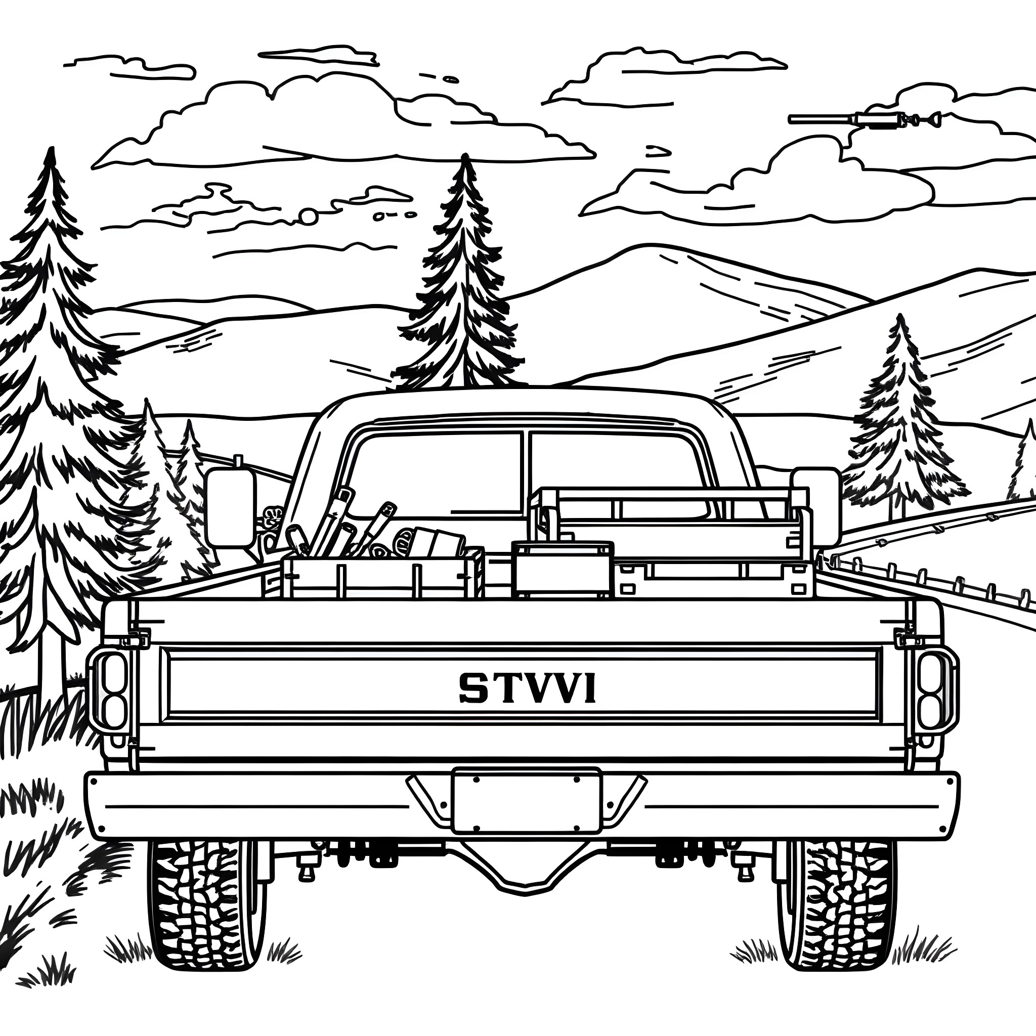 Flatbed truck carrying tools in a snowy landscape Coloring Page (free black-and-white line drawing printable PDF for all, from beginners to advanced learners, including children, teens, adults, and seniors)