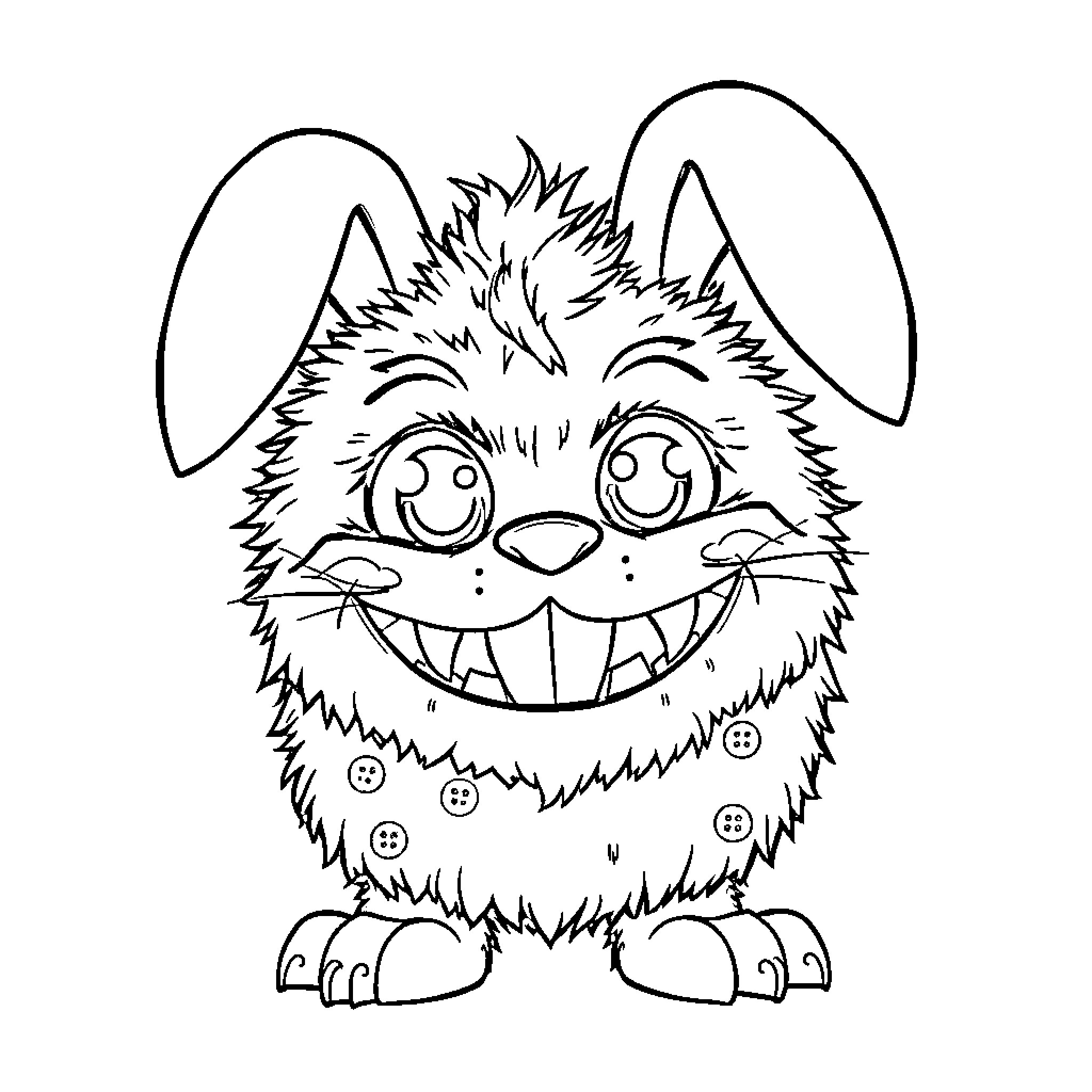 Bunny Monster with a Grinning Expression Coloring Page (free black-and-white line drawing printable PDF for all, from beginners to advanced learners, including children, teens, adults, and seniors)