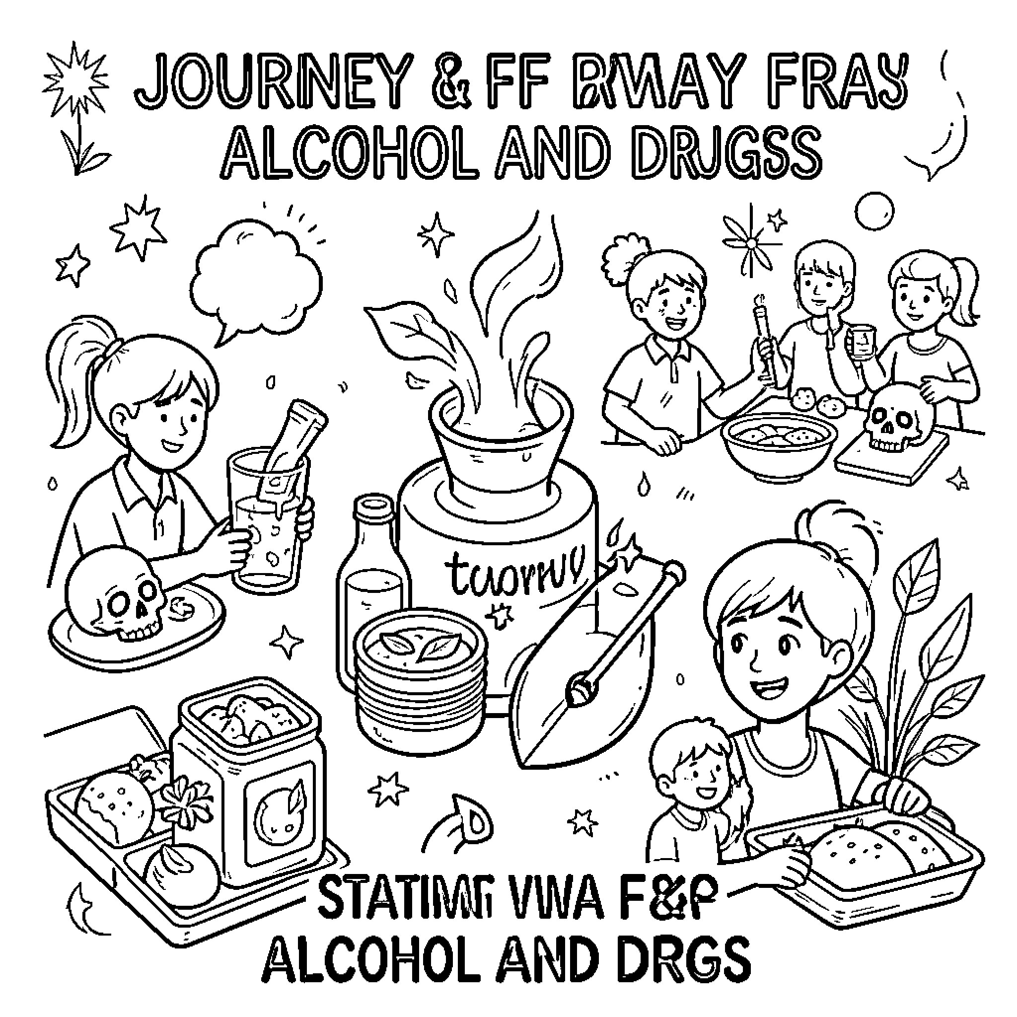 Sobriety journey showing healthy habits and mindful living Coloring Page (free black-and-white line drawing printable PDF for all, from beginners to advanced learners, including children, teens, adults, and seniors)