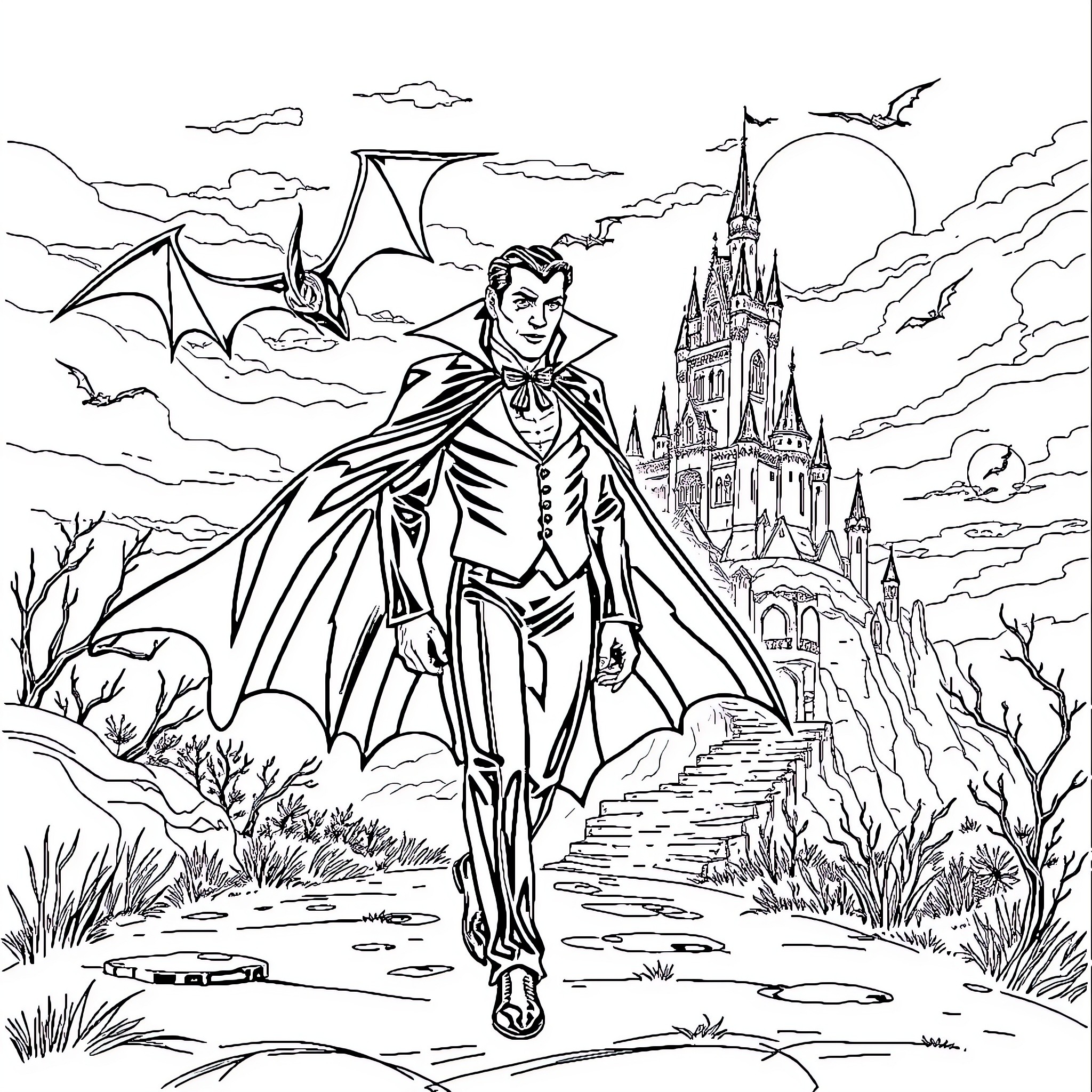 Dracula walking towards a castle on a hill Coloring Page (free black-and-white line drawing printable PDF for all, from beginners to advanced learners, including children, teens, adults, and seniors)