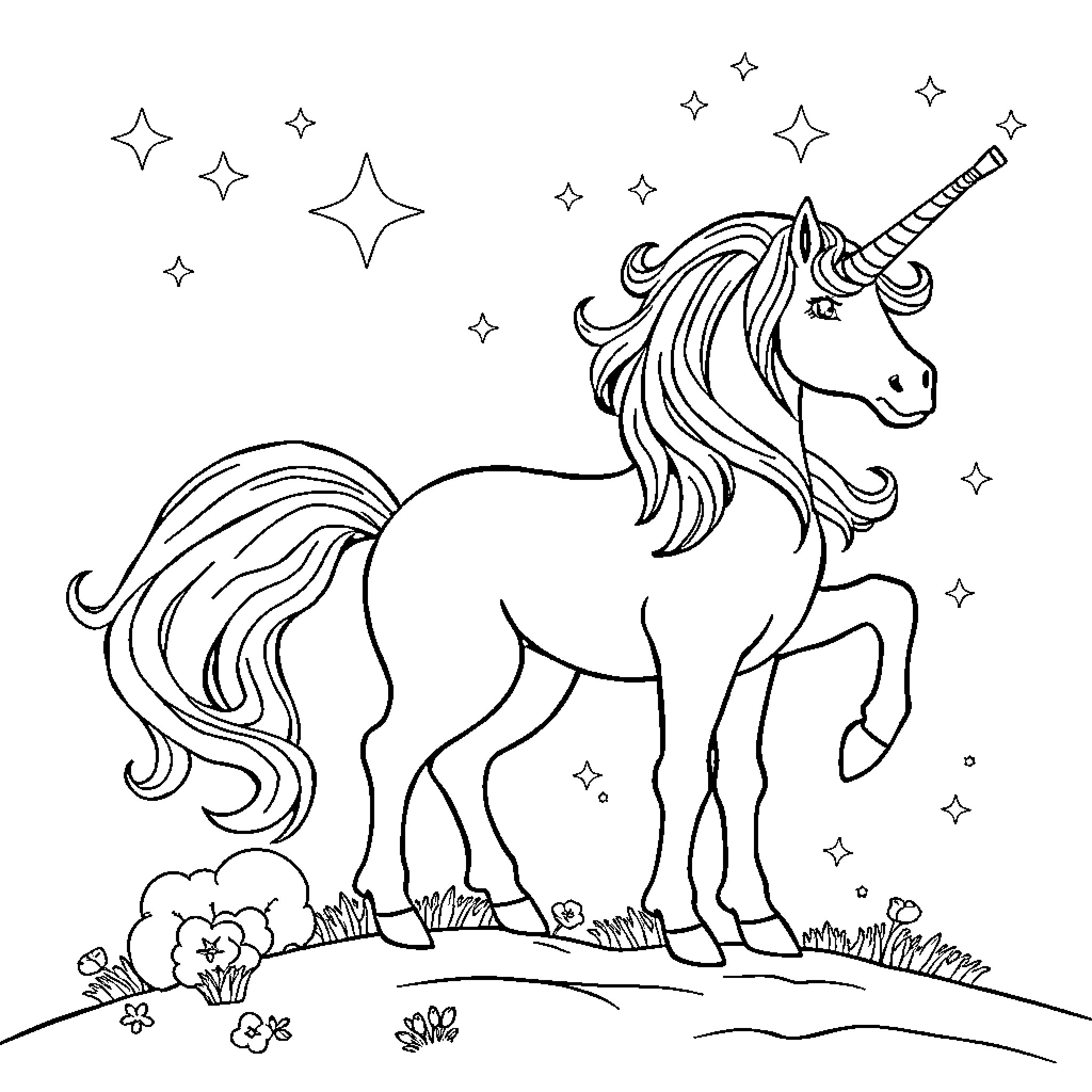 Unicorn standing gracefully amidst sparkling stars Coloring Page (free black-and-white line drawing printable PDF for all, from beginners to advanced learners, including children, teens, adults, and seniors)