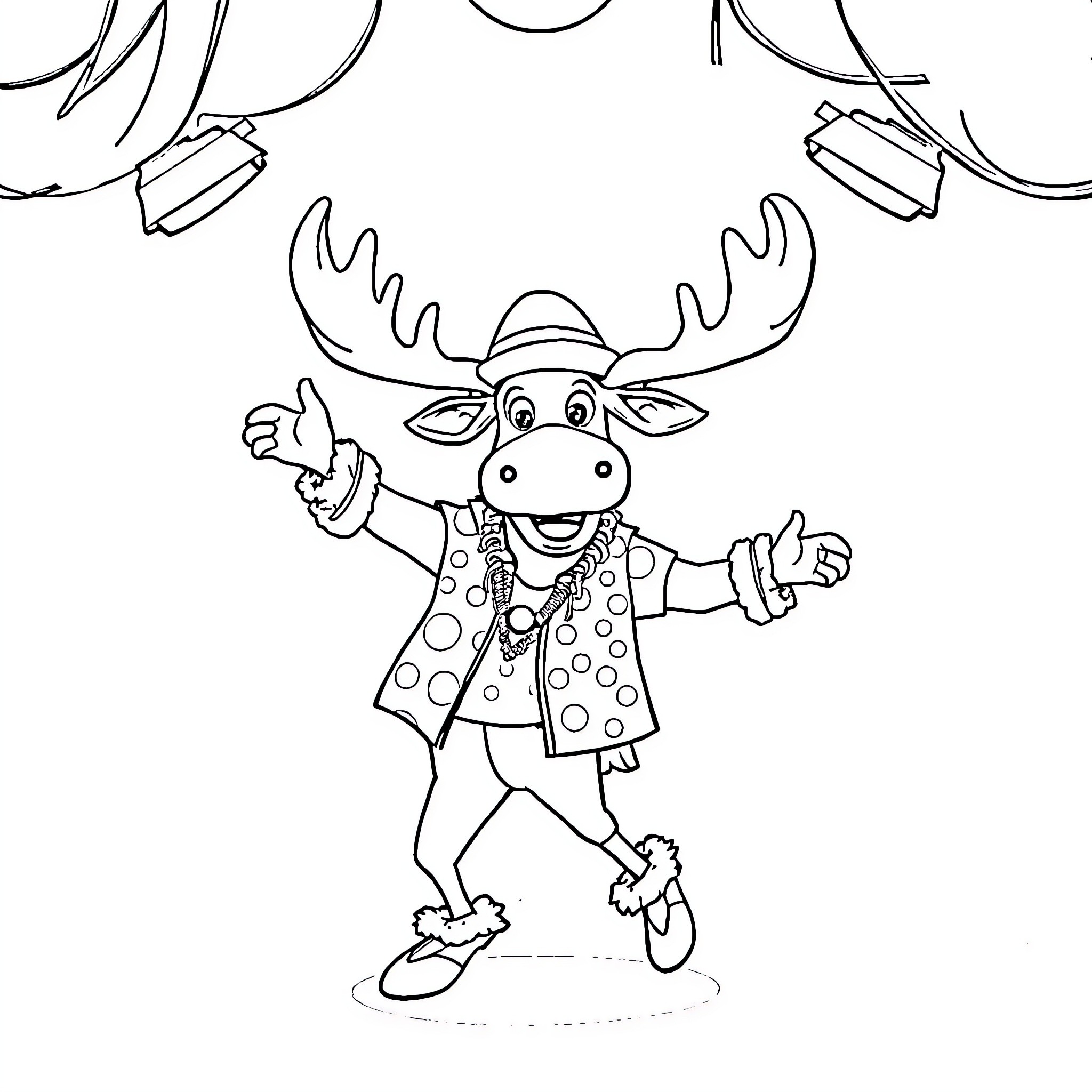 Moose character in polka dot outfit dancing Coloring Page (free black-and-white line drawing printable PDF for all, from beginners to advanced learners, including children, teens, adults, and seniors)