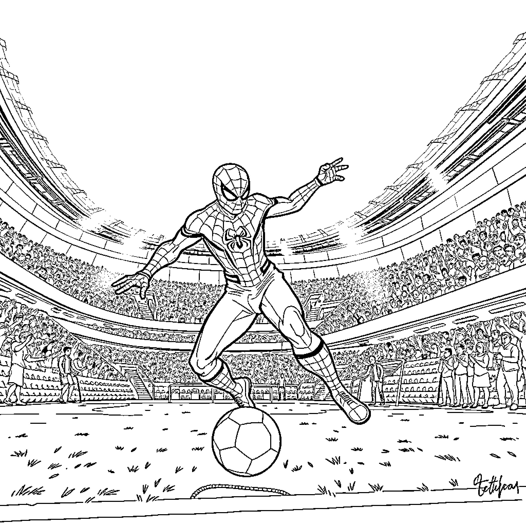 Spiderman playing football in a packed stadium Coloring Page (free black-and-white line drawing printable PDF for all, from beginners to advanced learners, including children, teens, adults, and seniors)