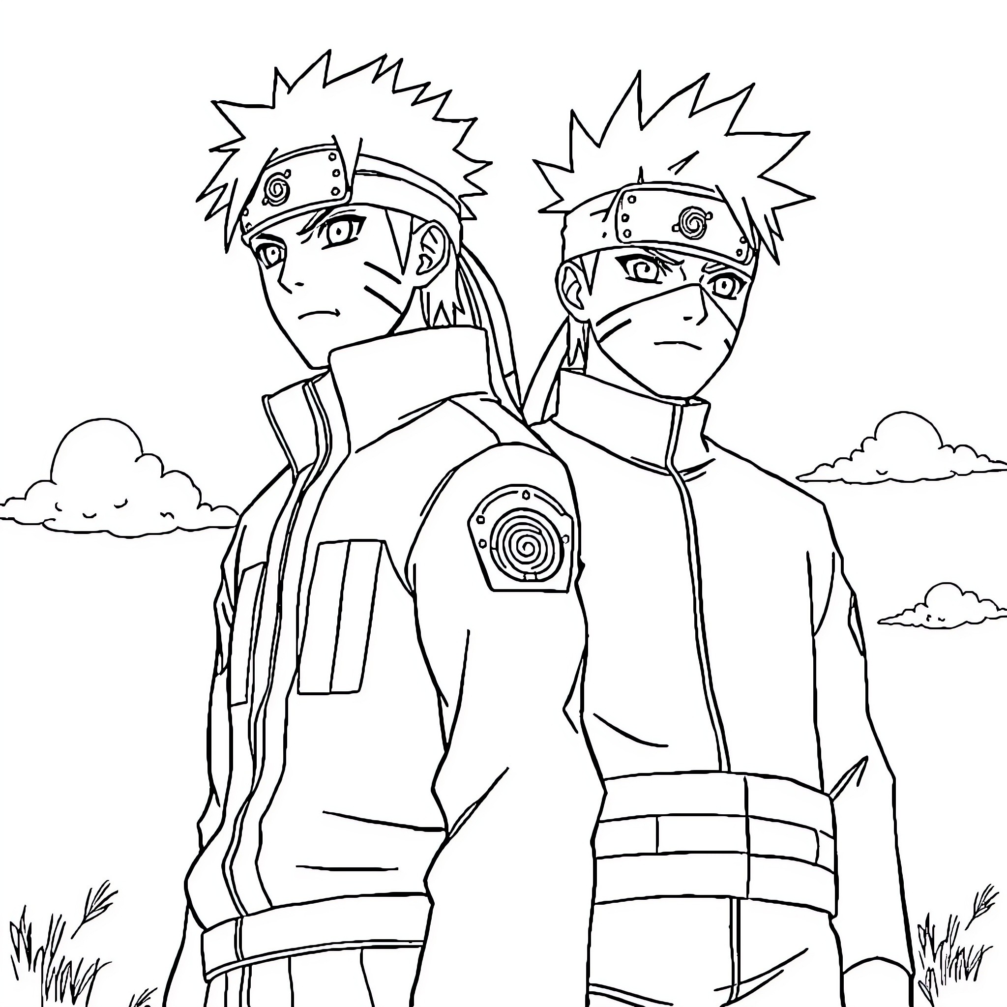 Naruto characters in ninja outfits and poses Coloring Page (free black-and-white line drawing printable PDF for all, from beginners to advanced learners, including children, teens, adults, and seniors)