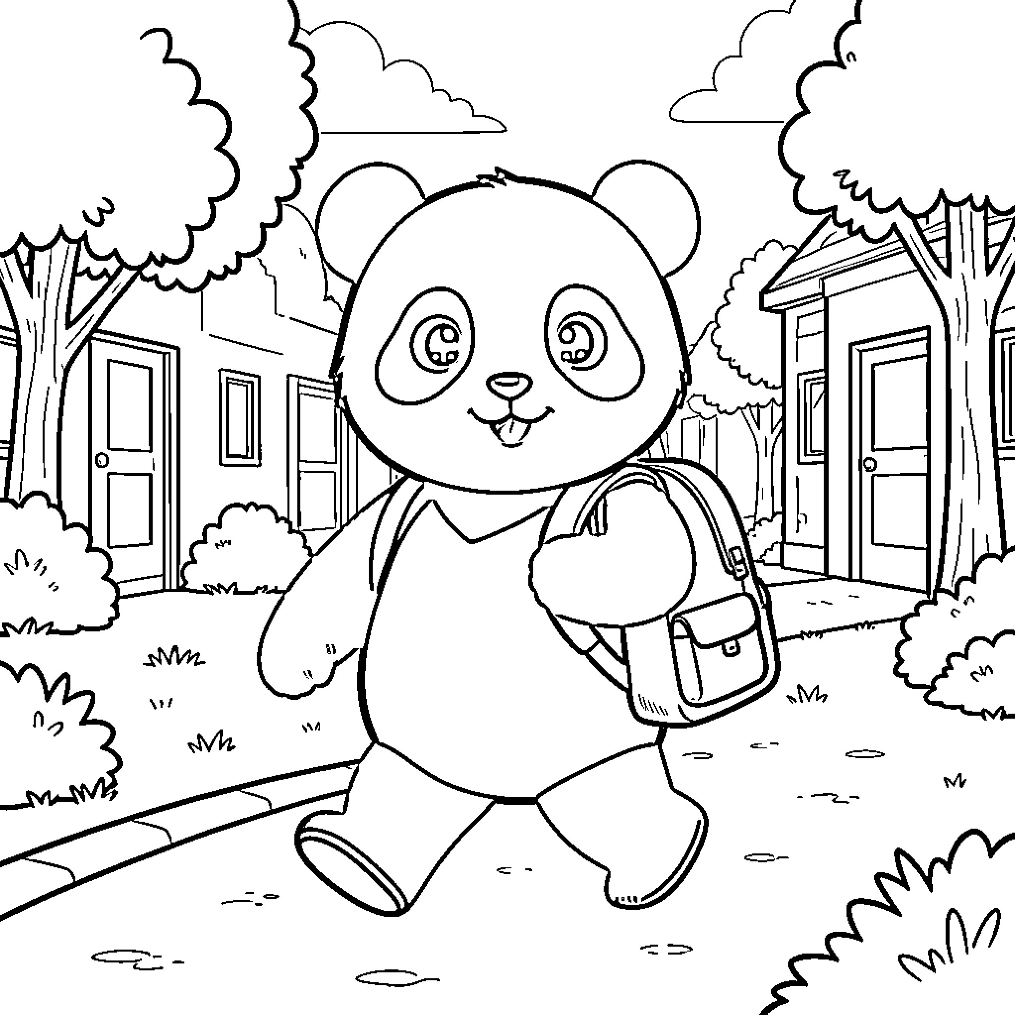 Panda carrying a backpack while walking through a town Coloring Page (free black-and-white line drawing printable PDF for all, from beginners to advanced learners, including children, teens, adults, and seniors)