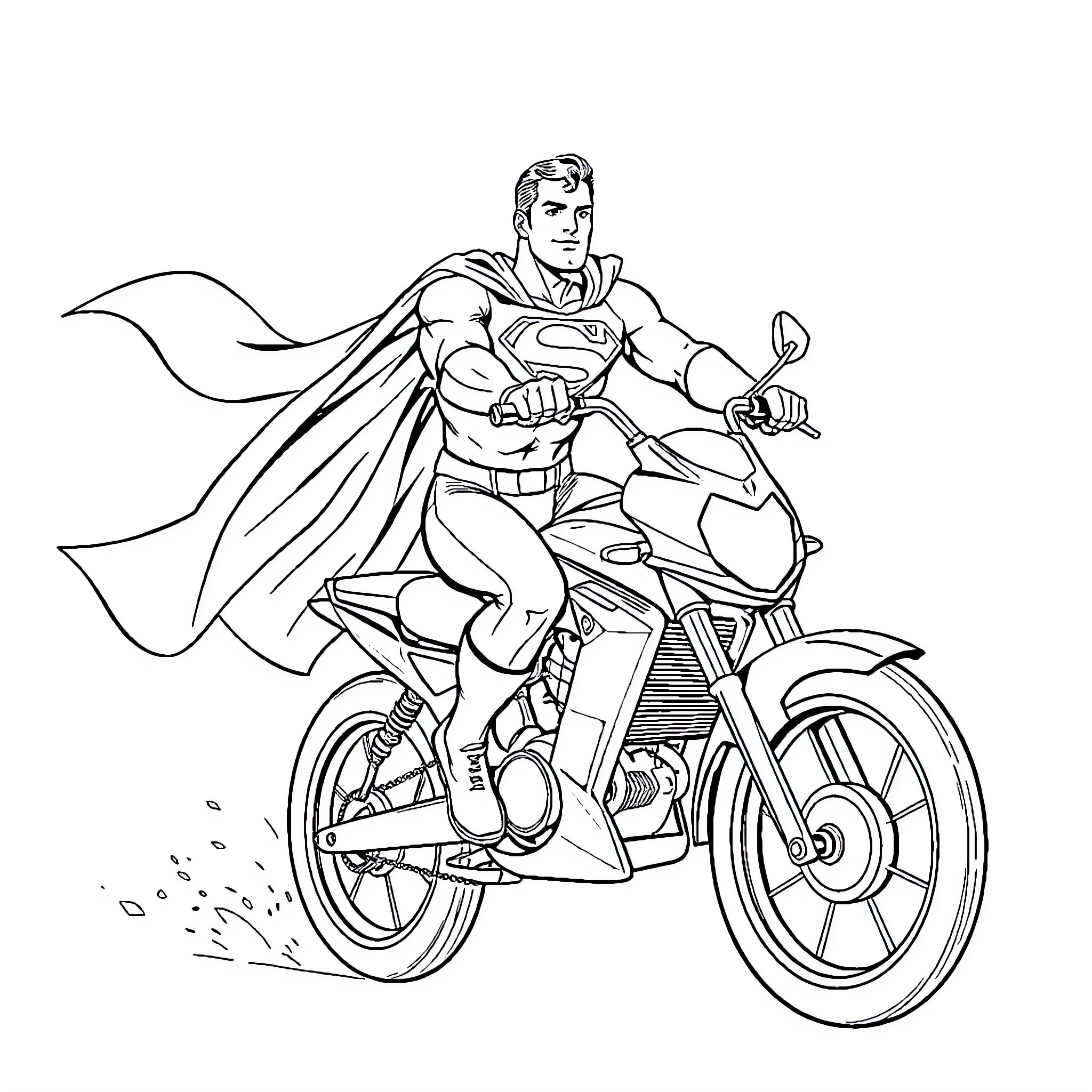 Superman riding a powerful motorcycle Coloring Page (free black-and-white line drawing printable PDF for all, from beginners to advanced learners, including children, teens, adults, and seniors)