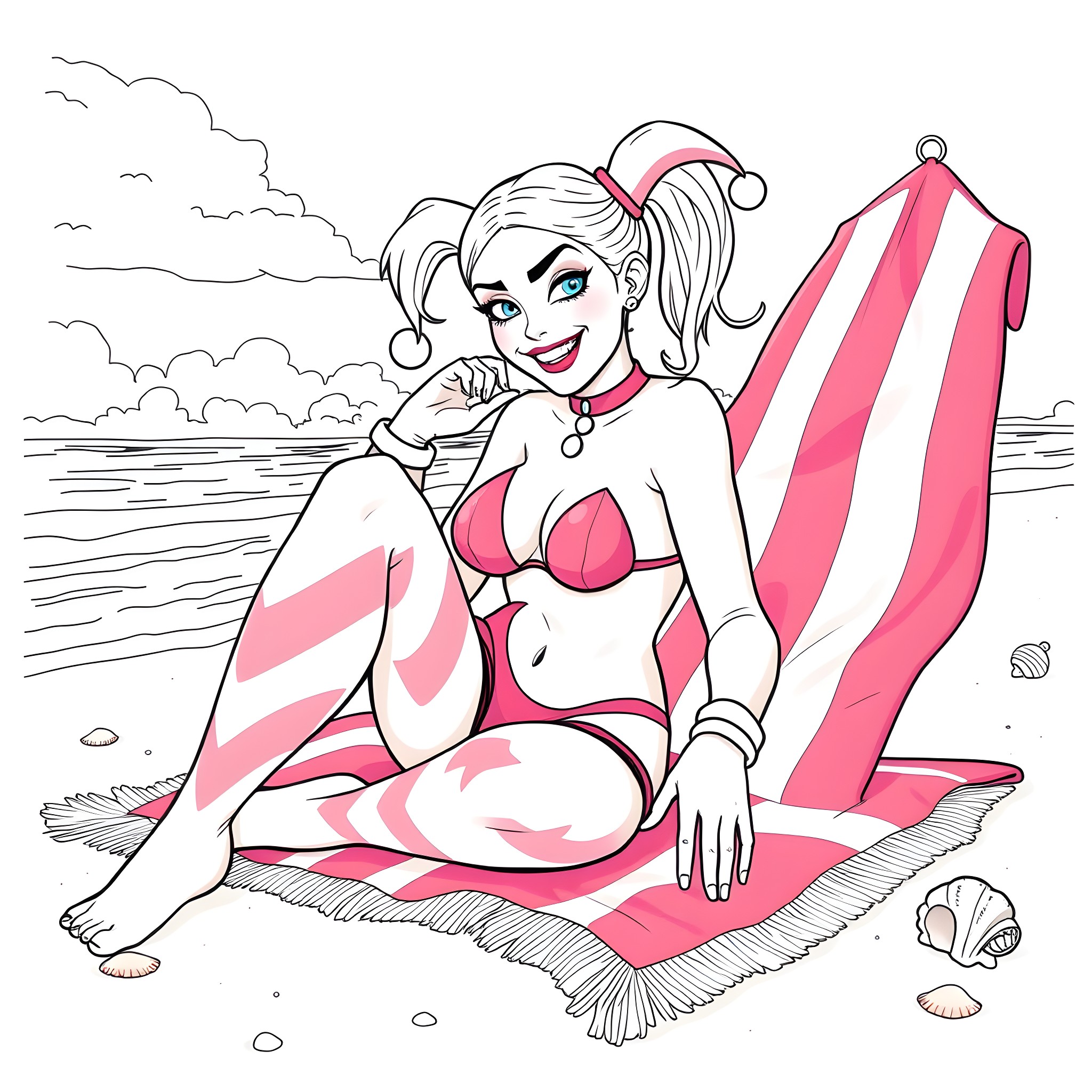 Harley Quinn sunbathing on the beach Coloring Page (free black-and-white line drawing printable PDF for all, from beginners to advanced learners, including children, teens, adults, and seniors)