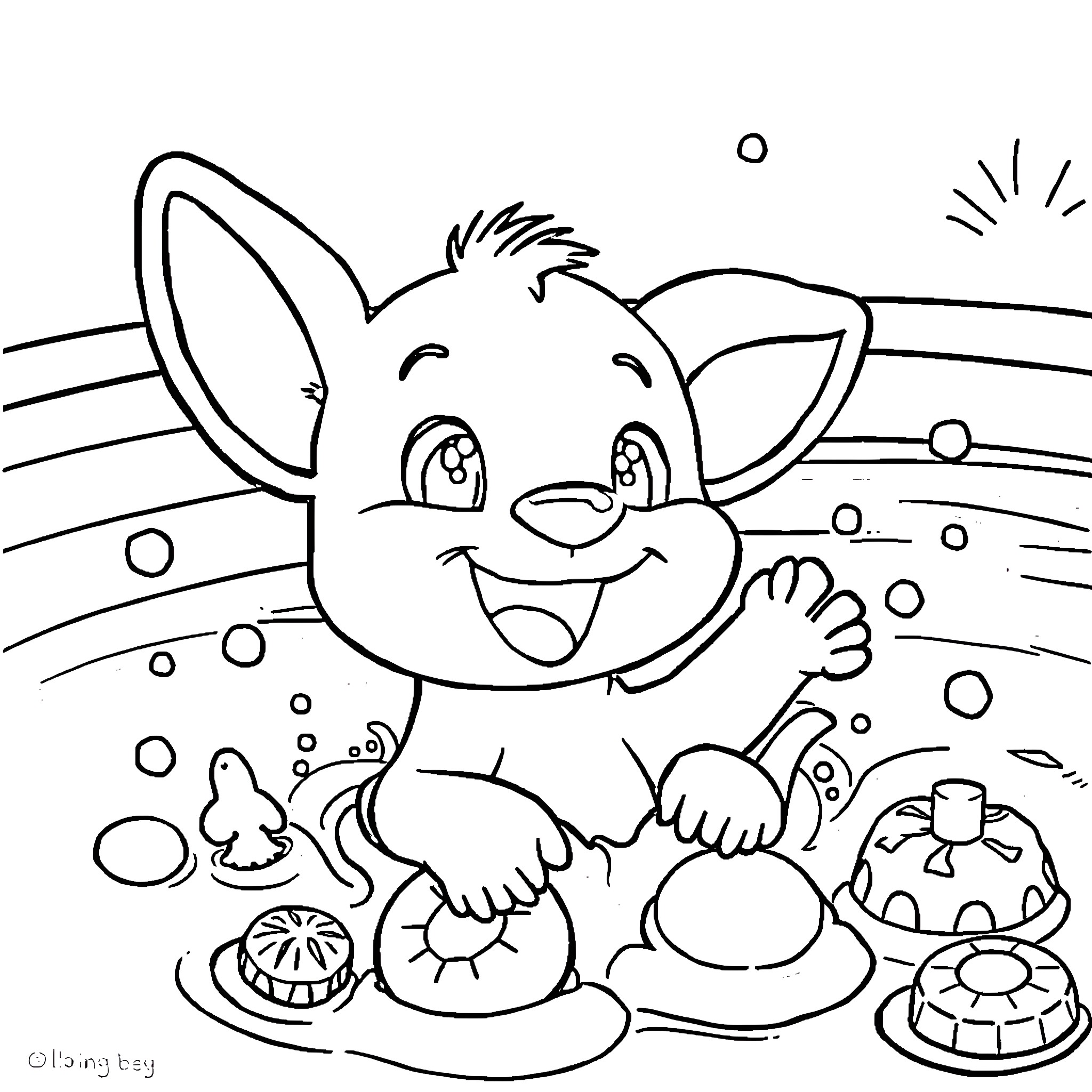 Bluey playing happily with toys in the bath Coloring Page (free black-and-white line drawing printable PDF for all, from beginners to advanced learners, including children, teens, adults, and seniors)