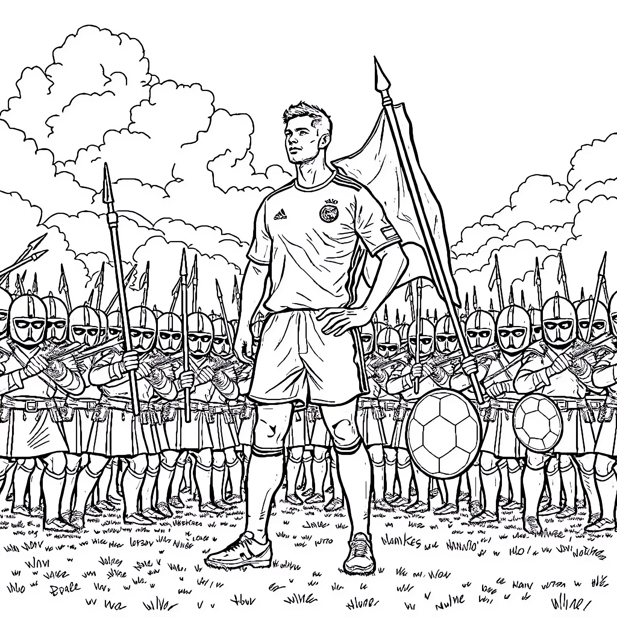 Ronaldo leading a team of football warriors into battle Coloring Page (free black-and-white line drawing printable PDF for all, from beginners to advanced learners, including children, teens, adults, and seniors)