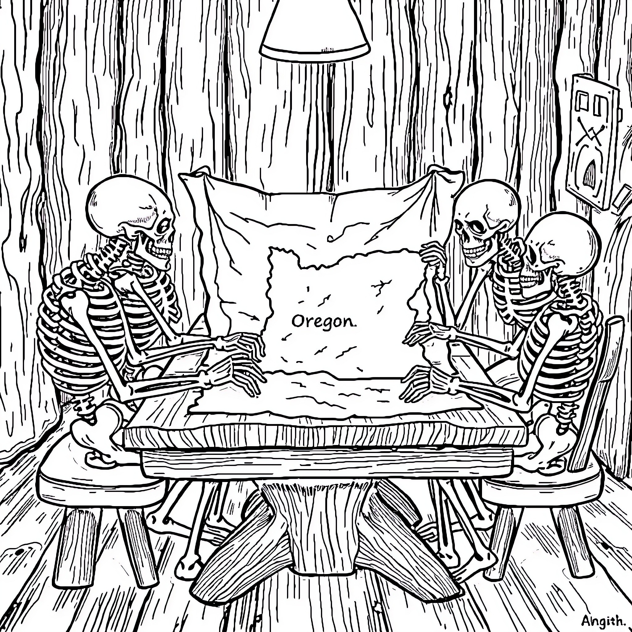 Skeleton Duo Exploring Oregon Adventure Coloring Page (free black-and-white line drawing printable PDF for all, from beginners to advanced learners, including children, teens, adults, and seniors)