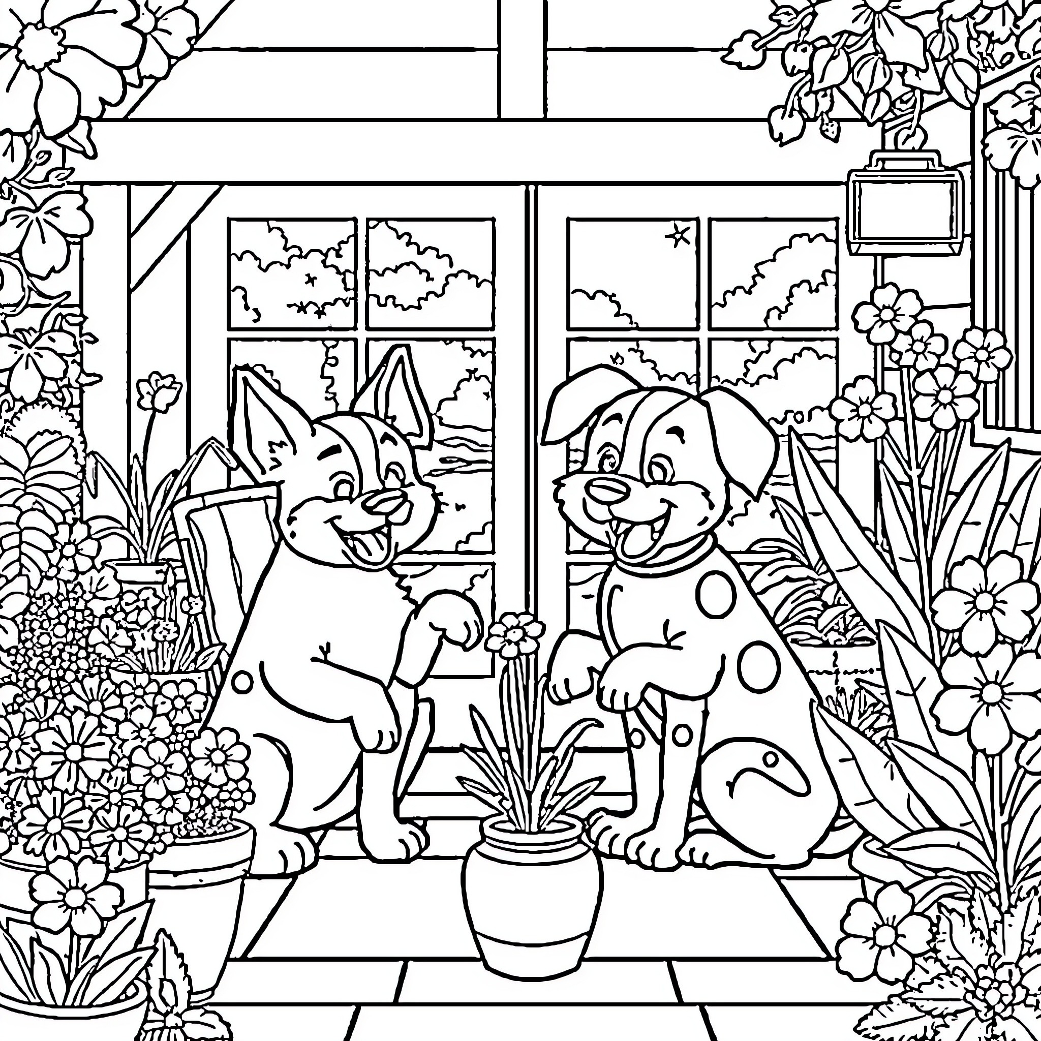Bluey's Playful Greenhouse Adventure Coloring Page (free black-and-white line drawing printable PDF for all, from beginners to advanced learners, including children, teens, adults, and seniors)