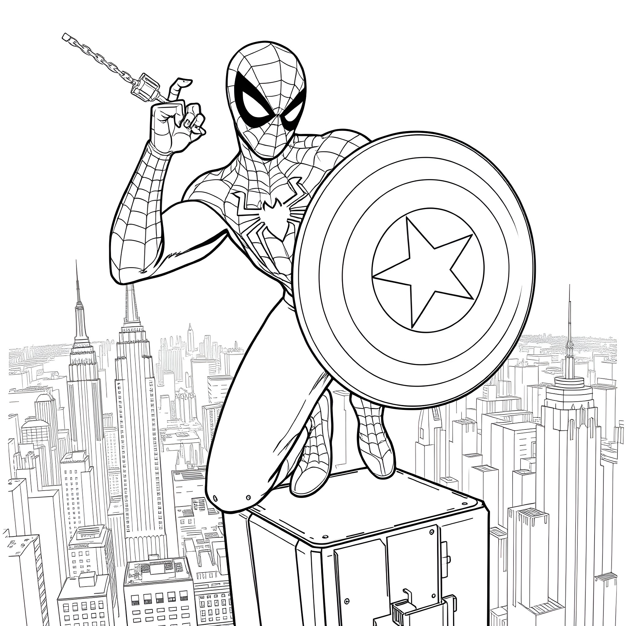 Spider-Man in action with Captain America's shield Coloring Page (free black-and-white line drawing printable PDF for all, from beginners to advanced learners, including children, teens, adults, and seniors)