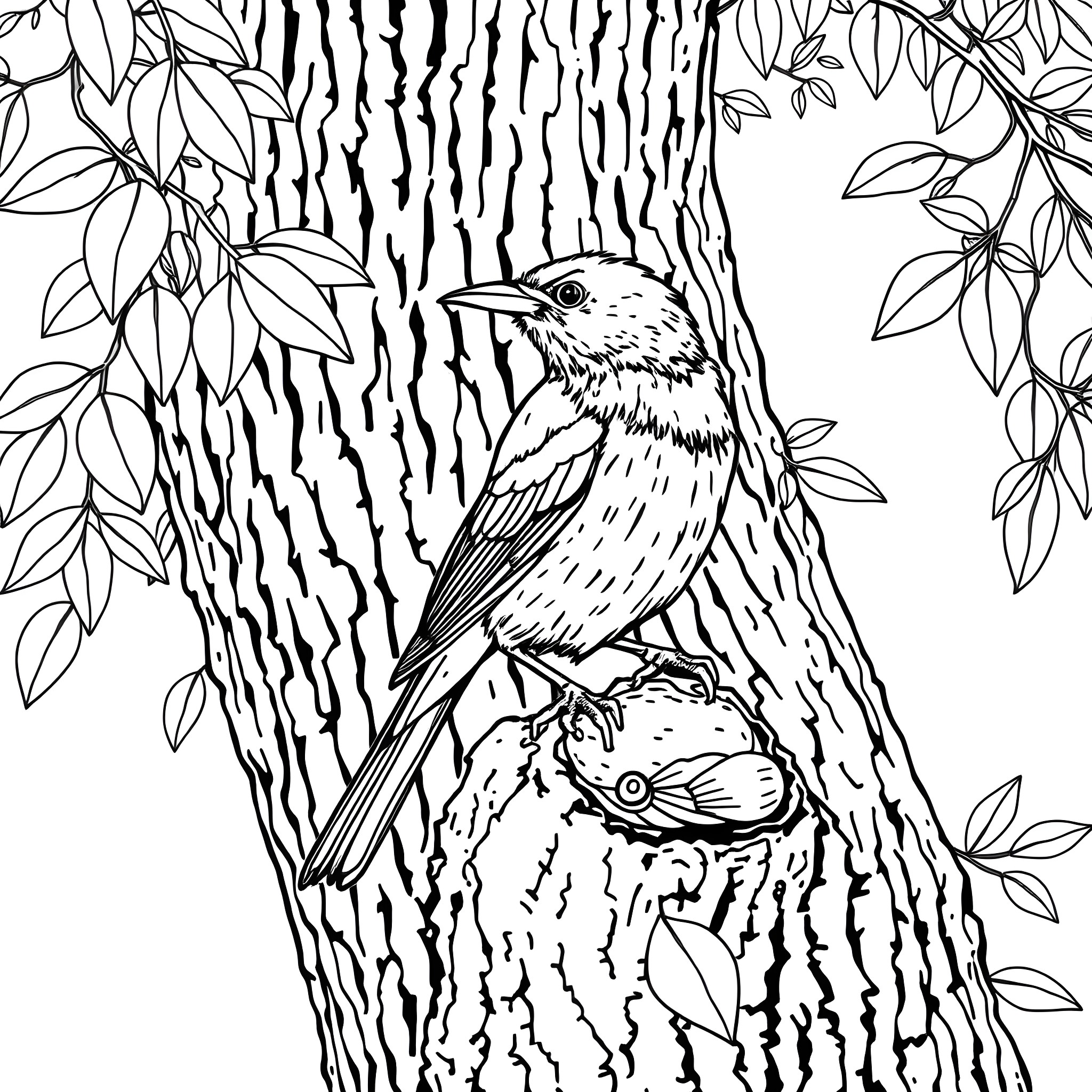 Dacnis bird perching on tree branch amid foliage Coloring Page (free black-and-white line drawing printable PDF for all, from beginners to advanced learners, including children, teens, adults, and seniors)