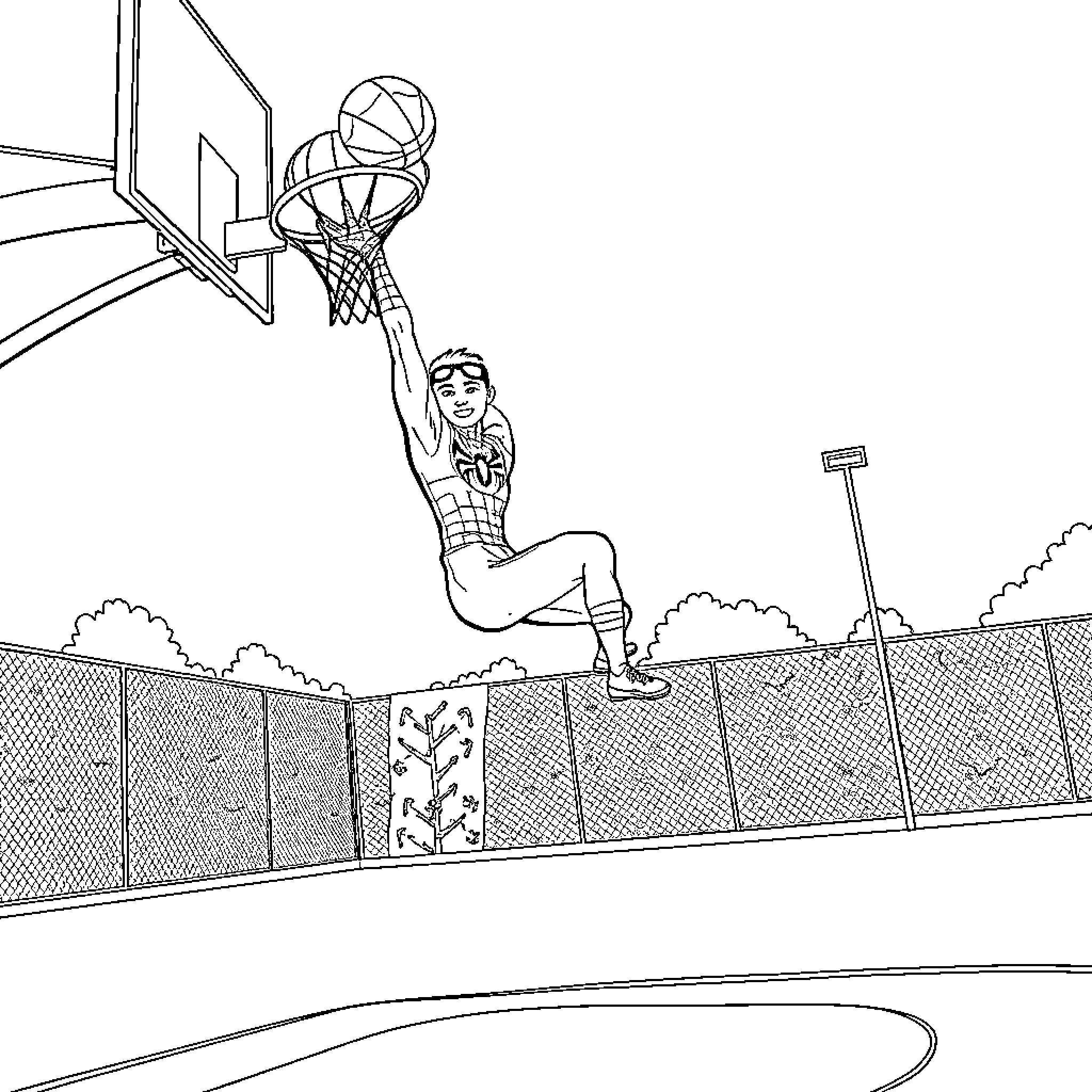 Spiderman making a basketball slam dunk on an outdoor court Coloring Page (free black-and-white line drawing printable PDF for all, from beginners to advanced learners, including children, teens, adults, and seniors)