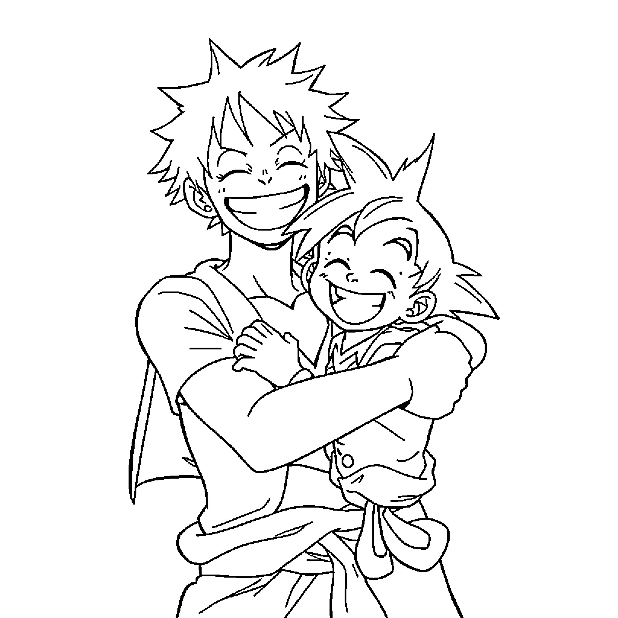Luffy and his friend hugging happily Coloring Page (free black-and-white line drawing printable PDF for all, from beginners to advanced learners, including children, teens, adults, and seniors)