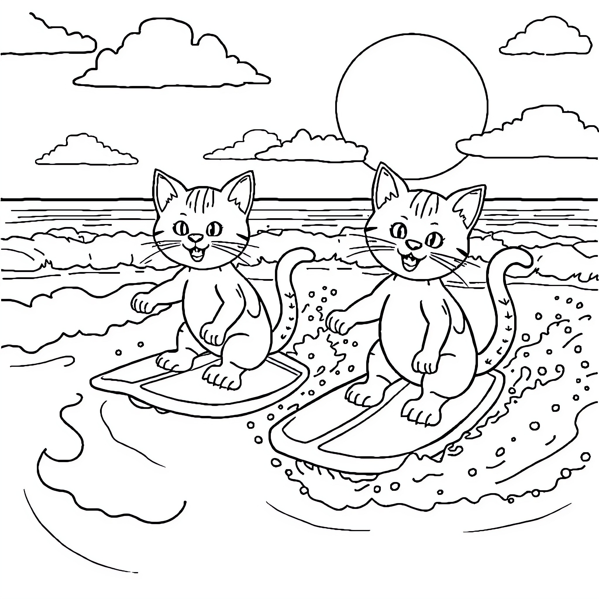 Cats surfing on the beach at sunset Coloring Page (free black-and-white line drawing printable PDF for all, from beginners to advanced learners, including children, teens, adults, and seniors)