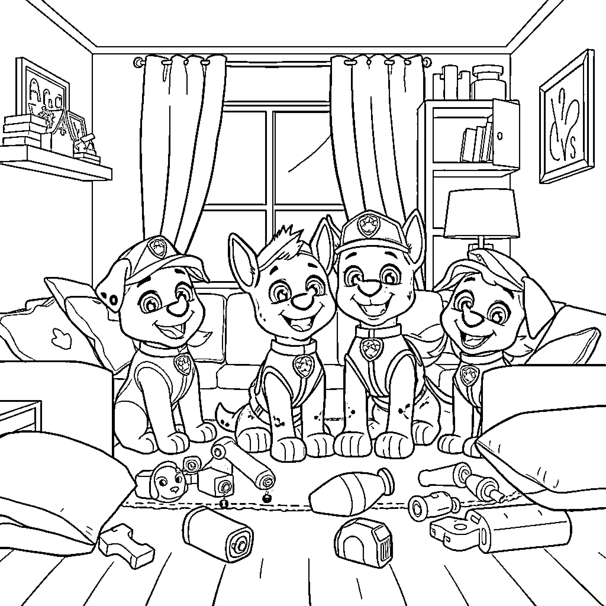 Paw Patrol Pups Assemble for Adventure Coloring Page (free black-and-white line drawing printable PDF for all, from beginners to advanced learners, including children, teens, adults, and seniors)