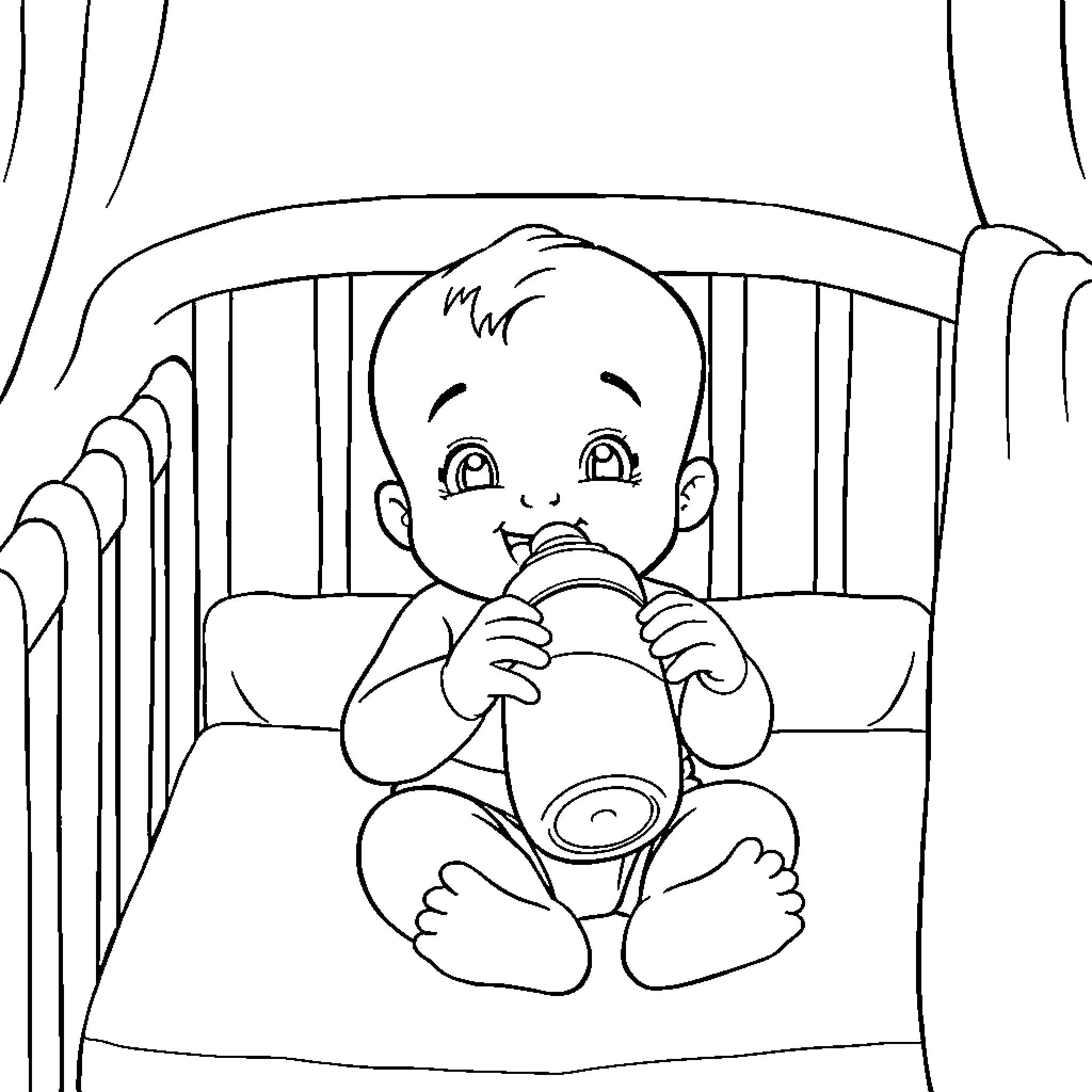 Baby sitting in crib sucking on bottle Coloring Page (free black-and-white line drawing printable PDF for all, from beginners to advanced learners, including children, teens, adults, and seniors)