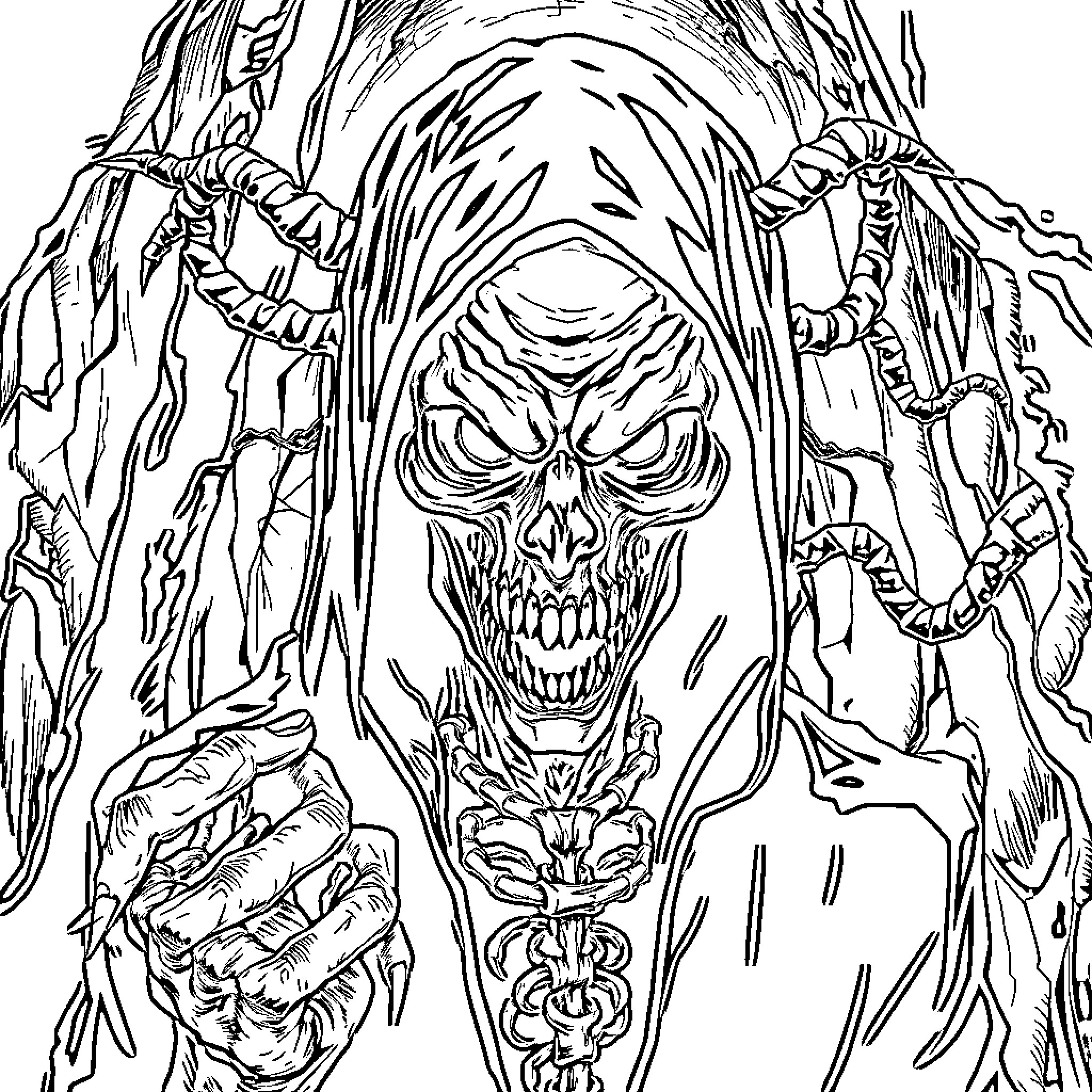 Vecna, the Sinister Sorcerer's Haunting Appearance Coloring Page (free black-and-white line drawing printable PDF for all, from beginners to advanced learners, including children, teens, adults, and seniors)