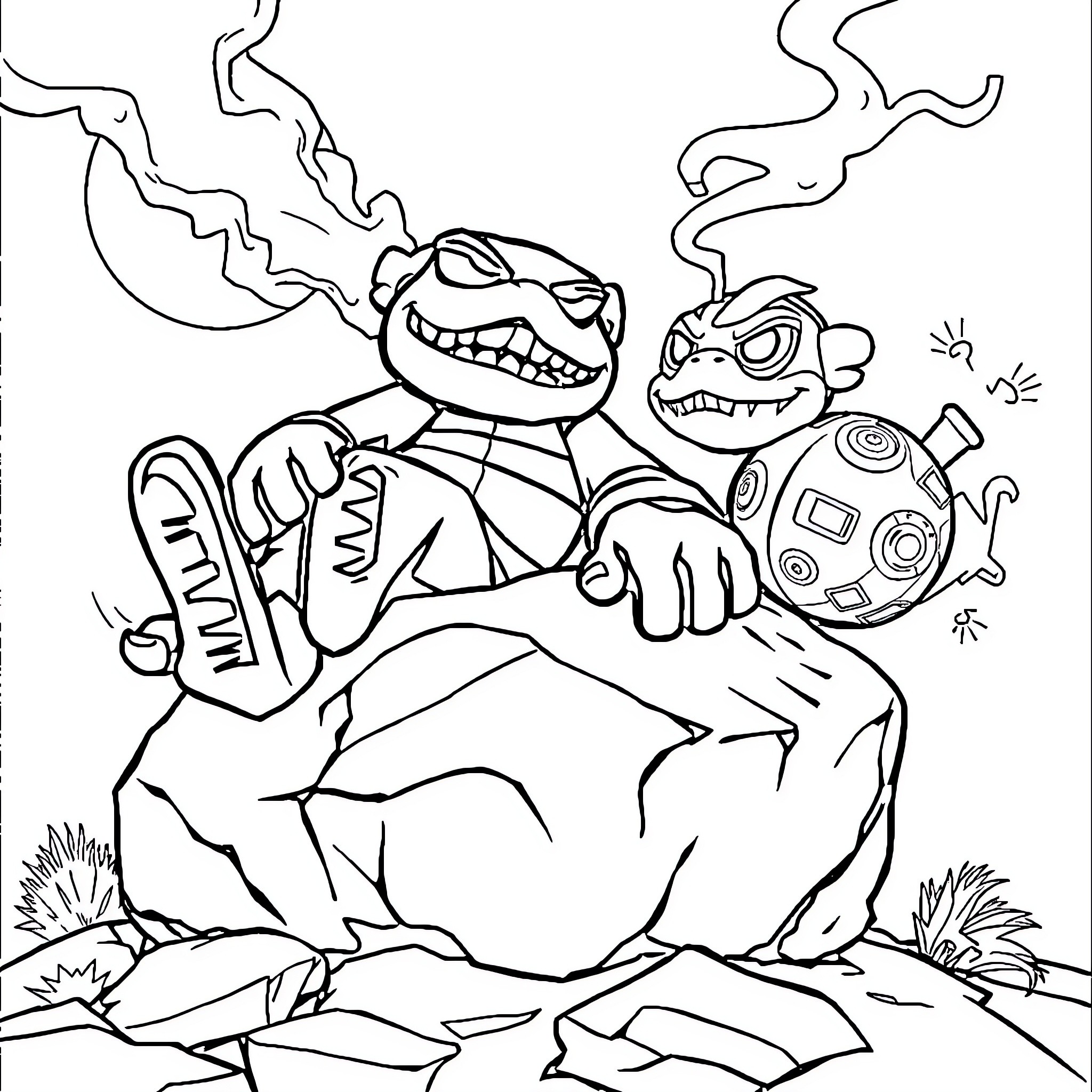 Skylander characters in a comical scene Coloring Page (free black-and-white line drawing printable PDF for all, from beginners to advanced learners, including children, teens, adults, and seniors)
