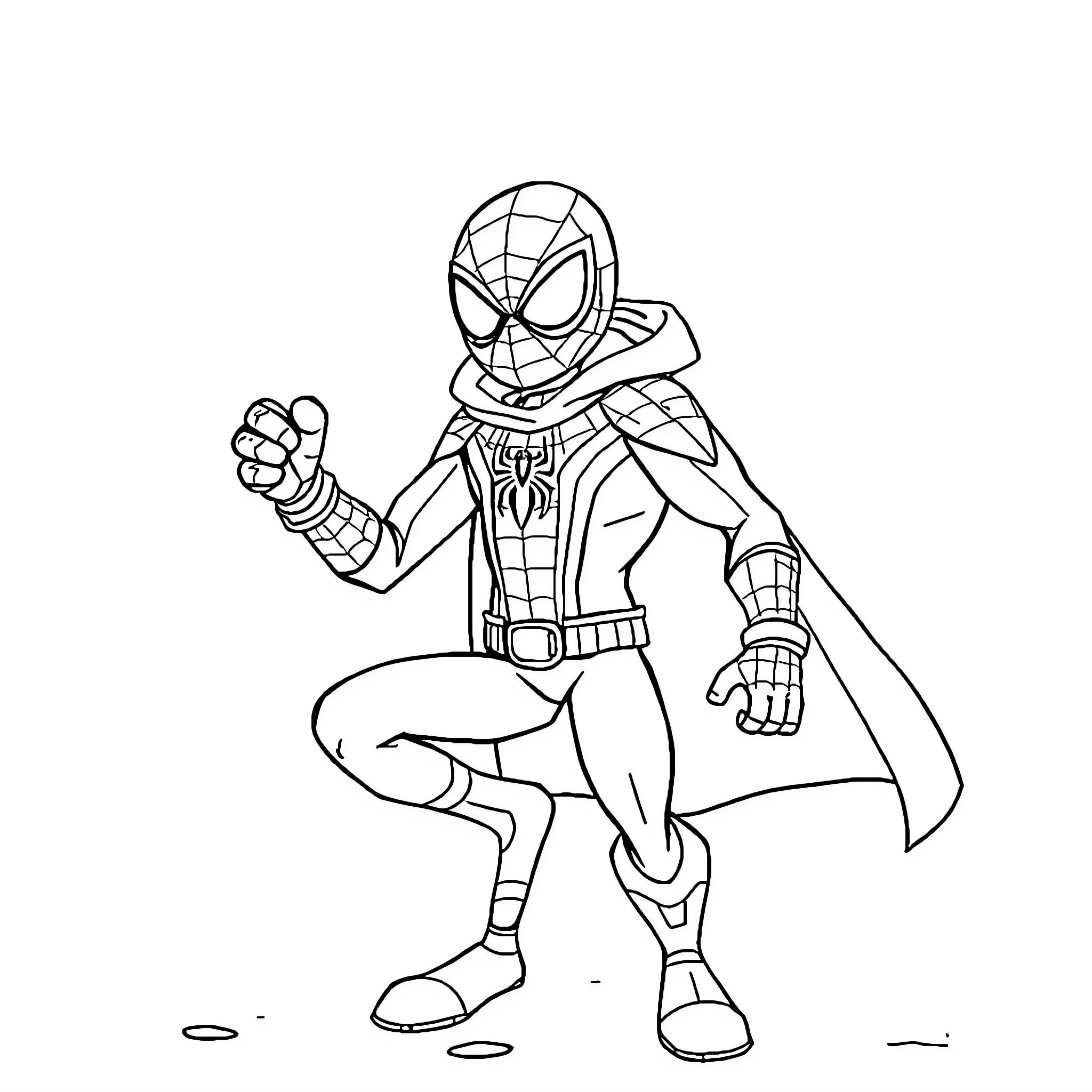 Spiderman taking action in a heroic pose Coloring Page (free black-and-white line drawing printable PDF for all, from beginners to advanced learners, including children, teens, adults, and seniors)