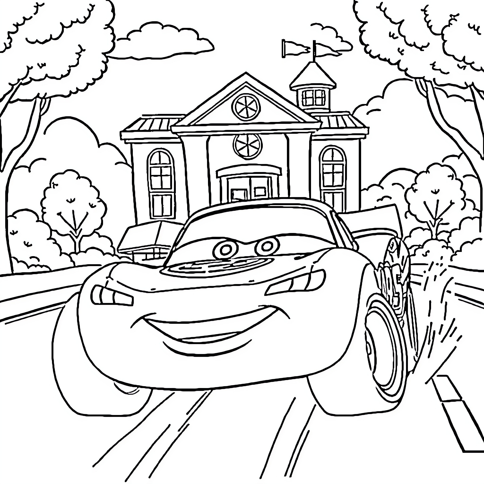 Lightning McQueen racing through a town Coloring Page (free black-and-white line drawing printable PDF for all, from beginners to advanced learners, including children, teens, adults, and seniors)