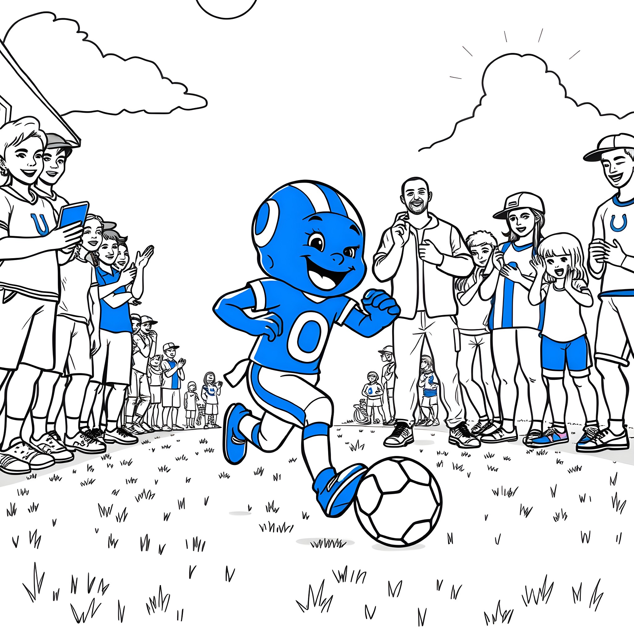 Bluey and friends playing soccer with mascot Coloring Page (free black-and-white line drawing printable PDF for all, from beginners to advanced learners, including children, teens, adults, and seniors)