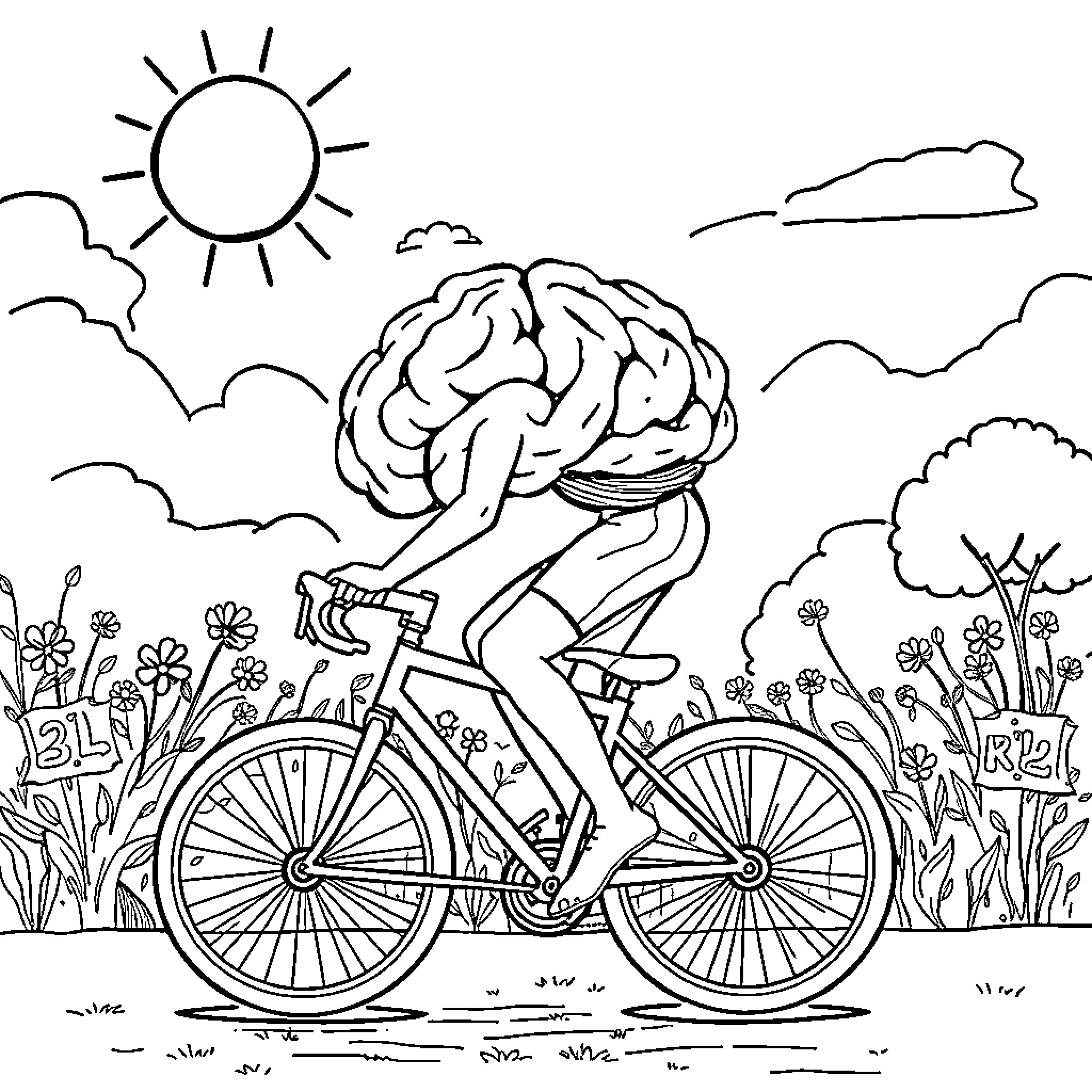 Brain cycling through a scenic landscape Coloring Page (free black-and-white line drawing printable PDF for all, from beginners to advanced learners, including children, teens, adults, and seniors)