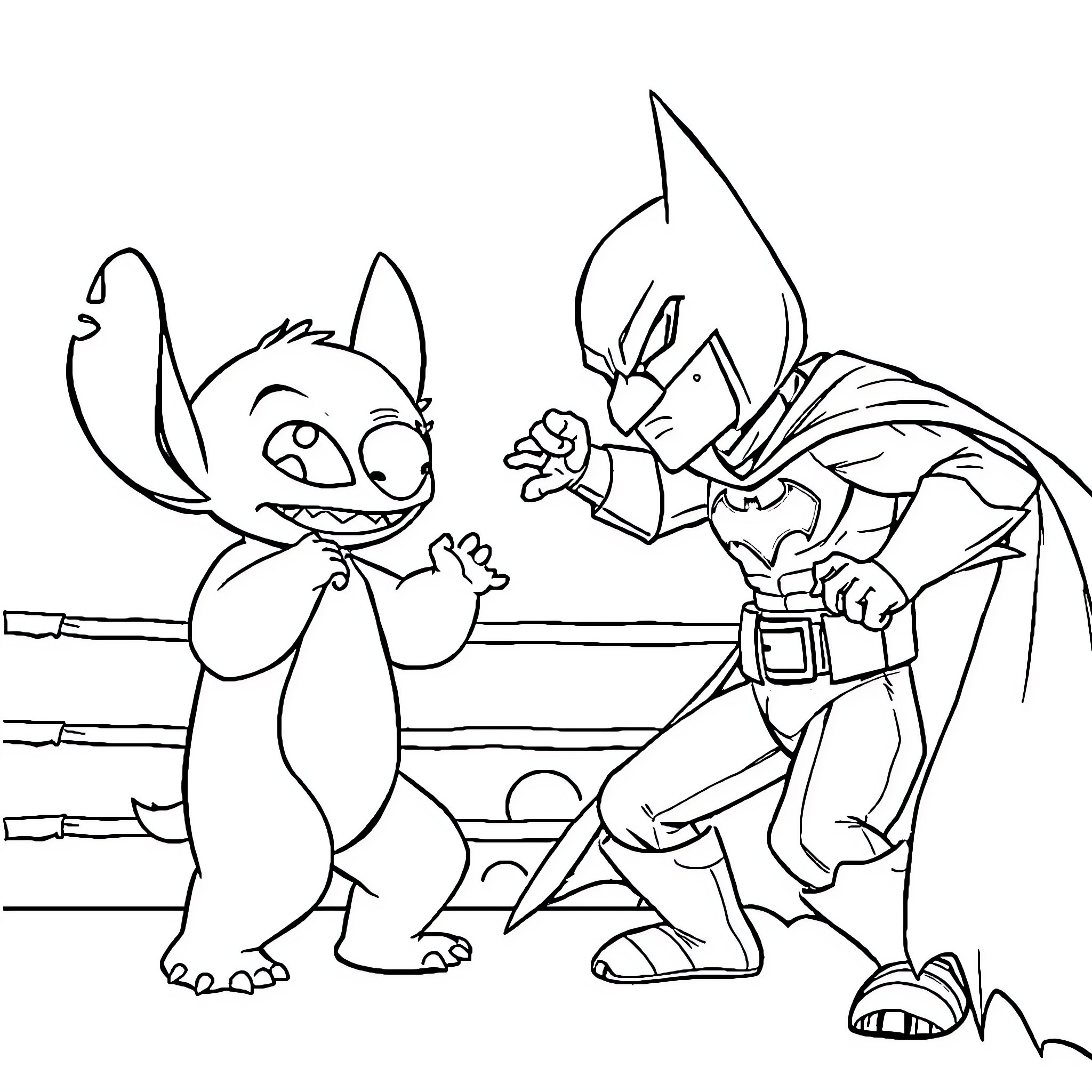 Stitch and superhero in friendly confrontation Coloring Page (free black-and-white line drawing printable PDF for all, from beginners to advanced learners, including children, teens, adults, and seniors)