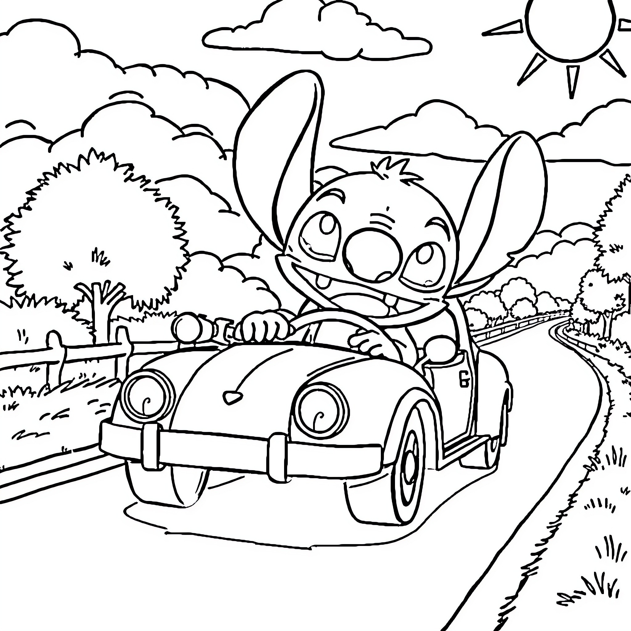 Stitch driving a car in nature scene Coloring Page (free black-and-white line drawing printable PDF for all, from beginners to advanced learners, including children, teens, adults, and seniors)