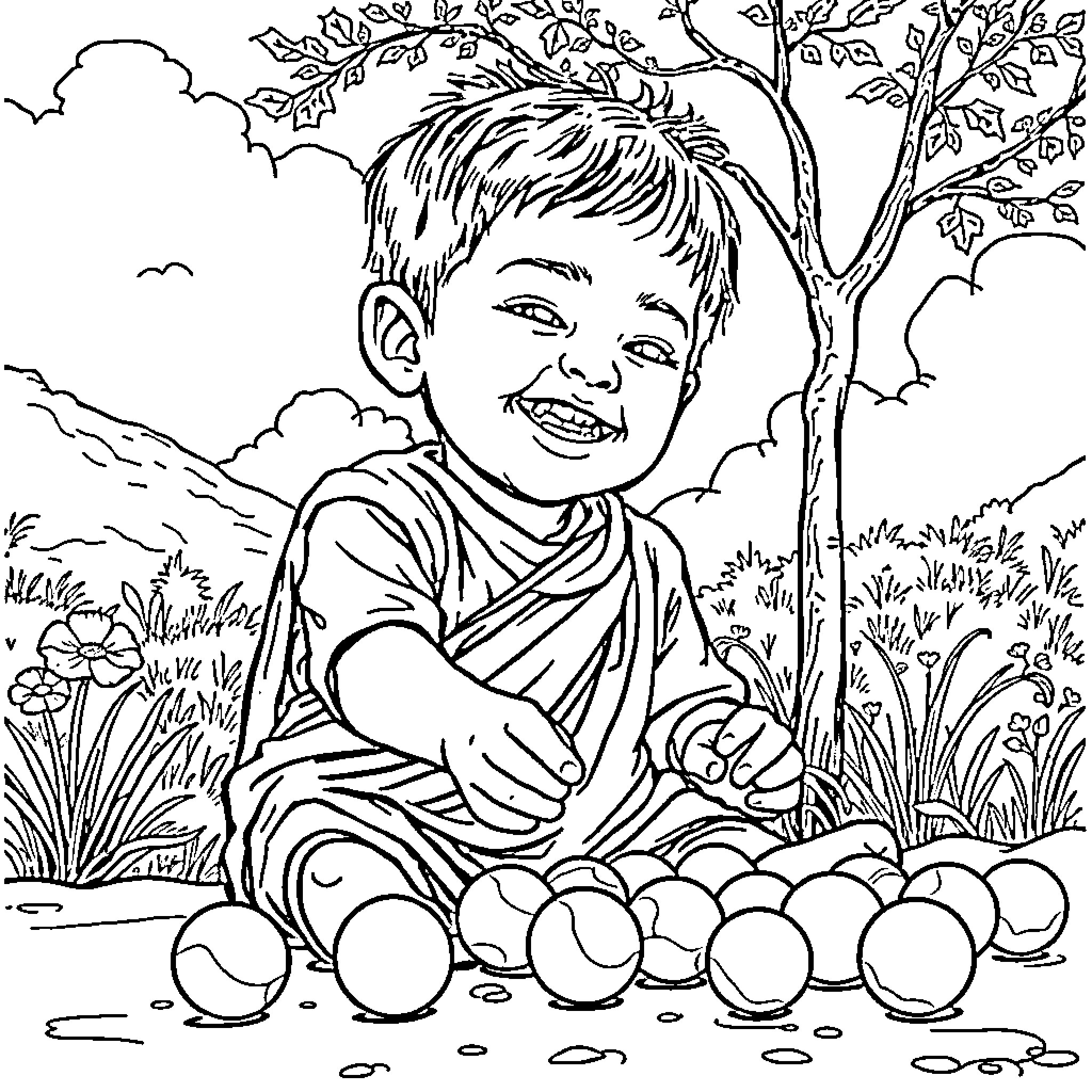 Child collecting eggs in idyllic nature scene Coloring Page (free black-and-white line drawing printable PDF for all, from beginners to advanced learners, including children, teens, adults, and seniors)