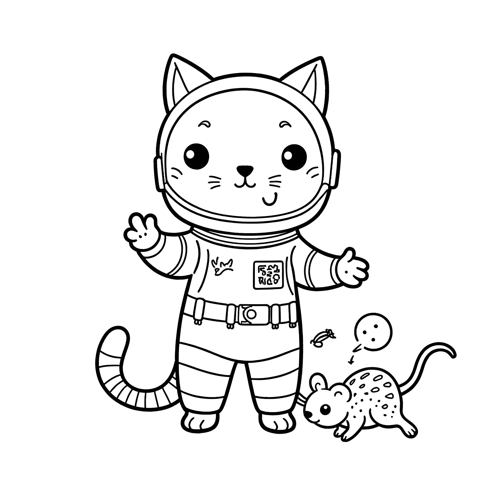 Cat astronaut with a pet on the moon Coloring Page (free black-and-white line drawing printable PDF for all, from beginners to advanced learners, including children, teens, adults, and seniors)